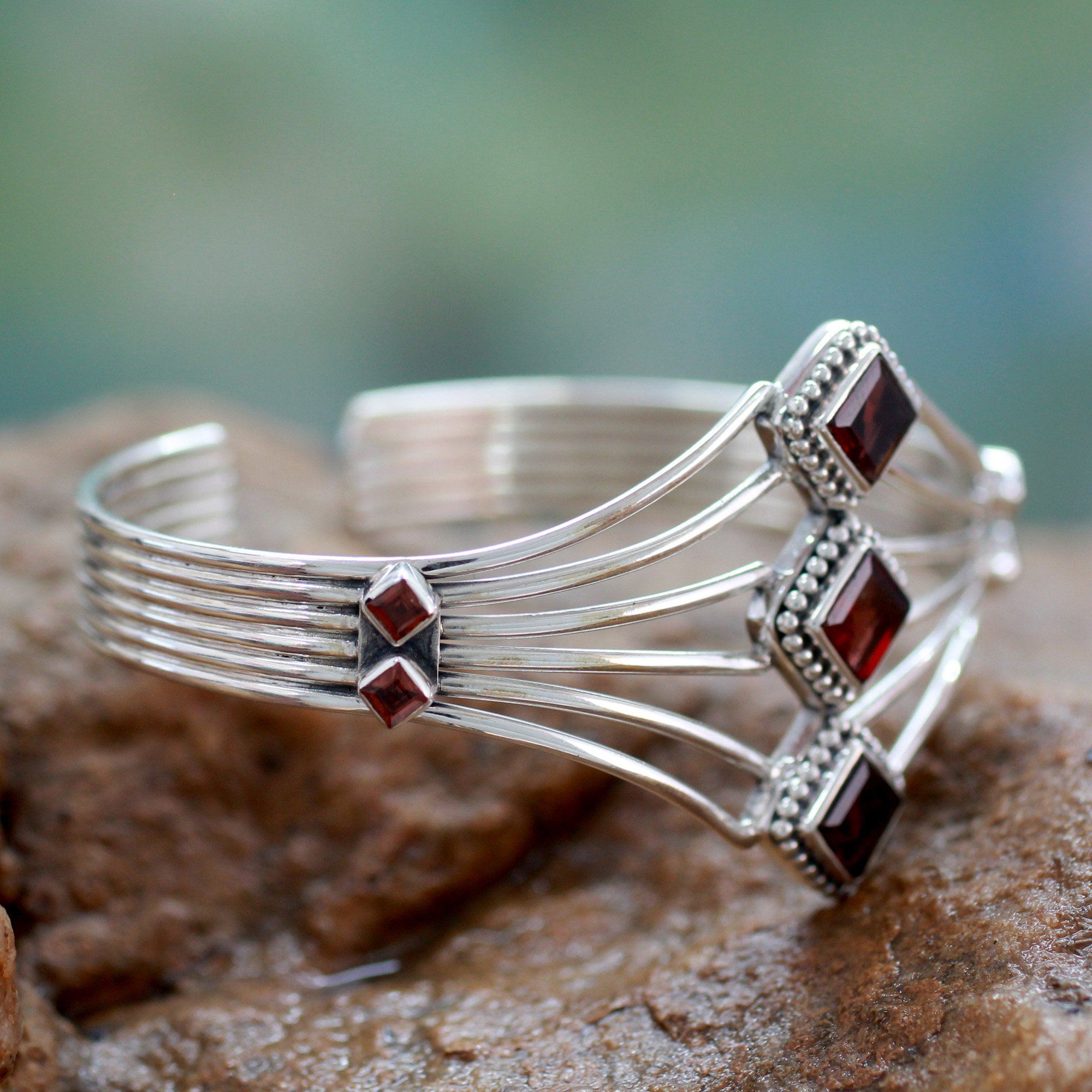 Premium Garnet & Sterling Silver Cuff Bracelet - Handmade Elegance