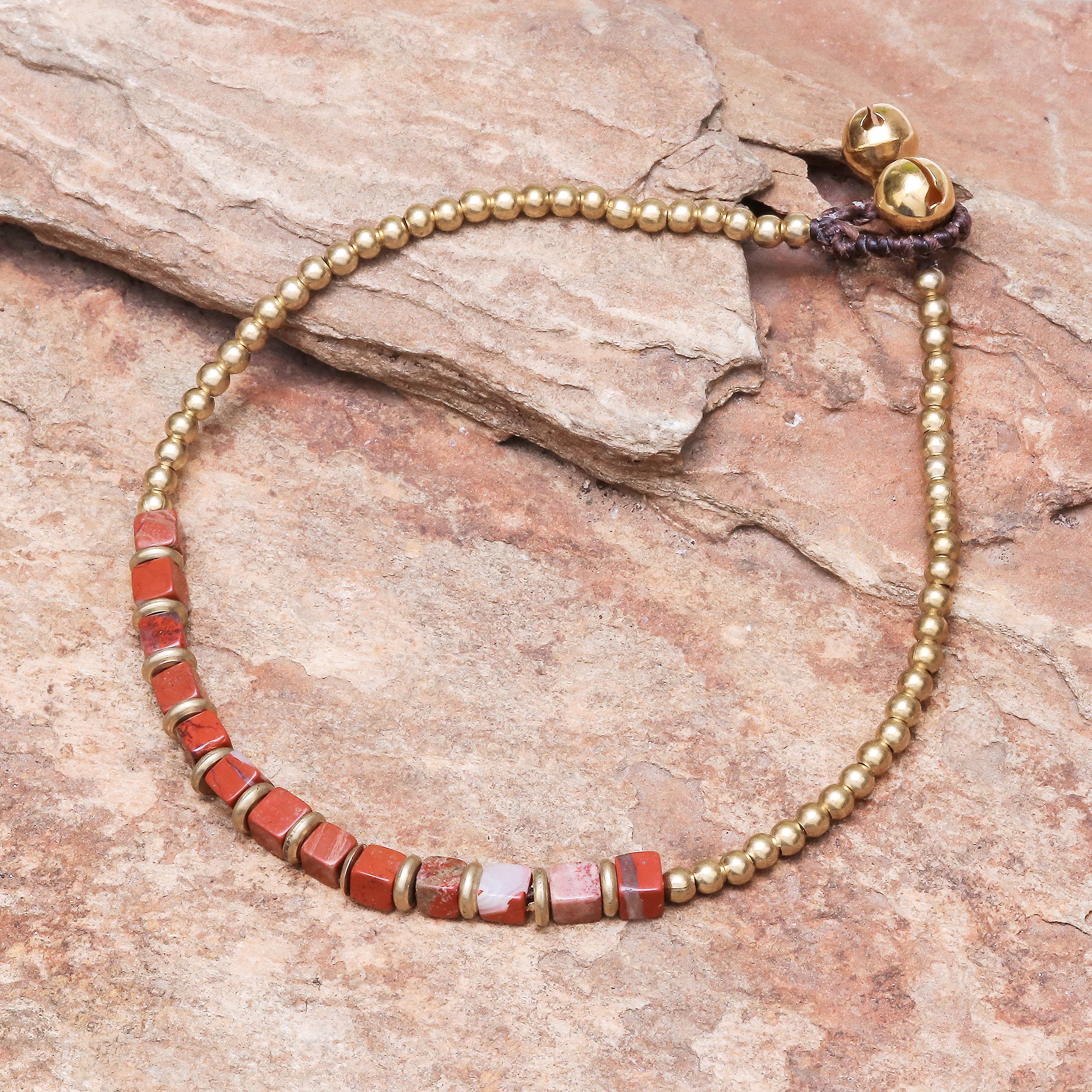 Premium Cube Jasper Bohemian Anklet with Brass Accents