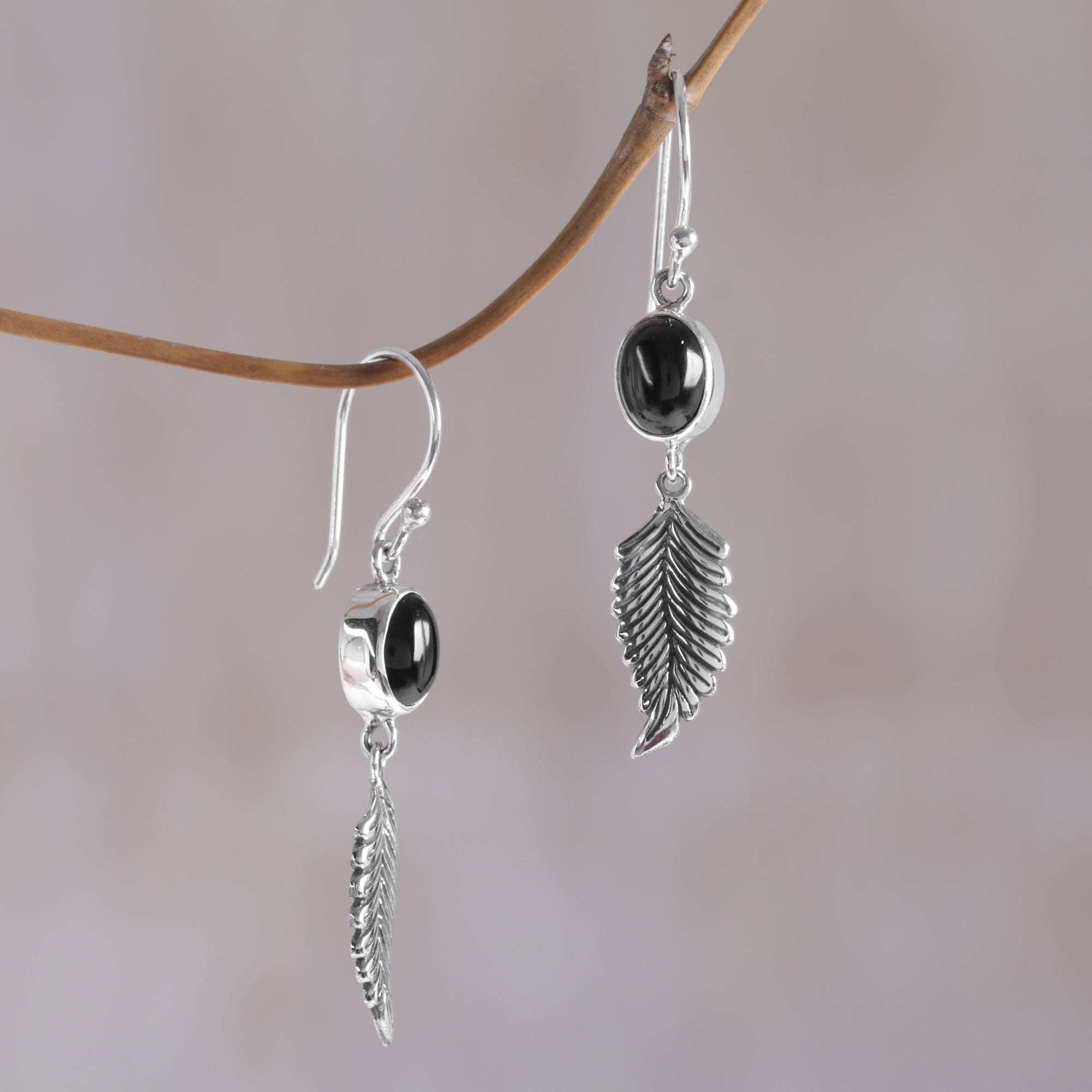 Premium Balinese 925 Sterling Silver Feather Earrings with Onyx - Handcrafted Elegance