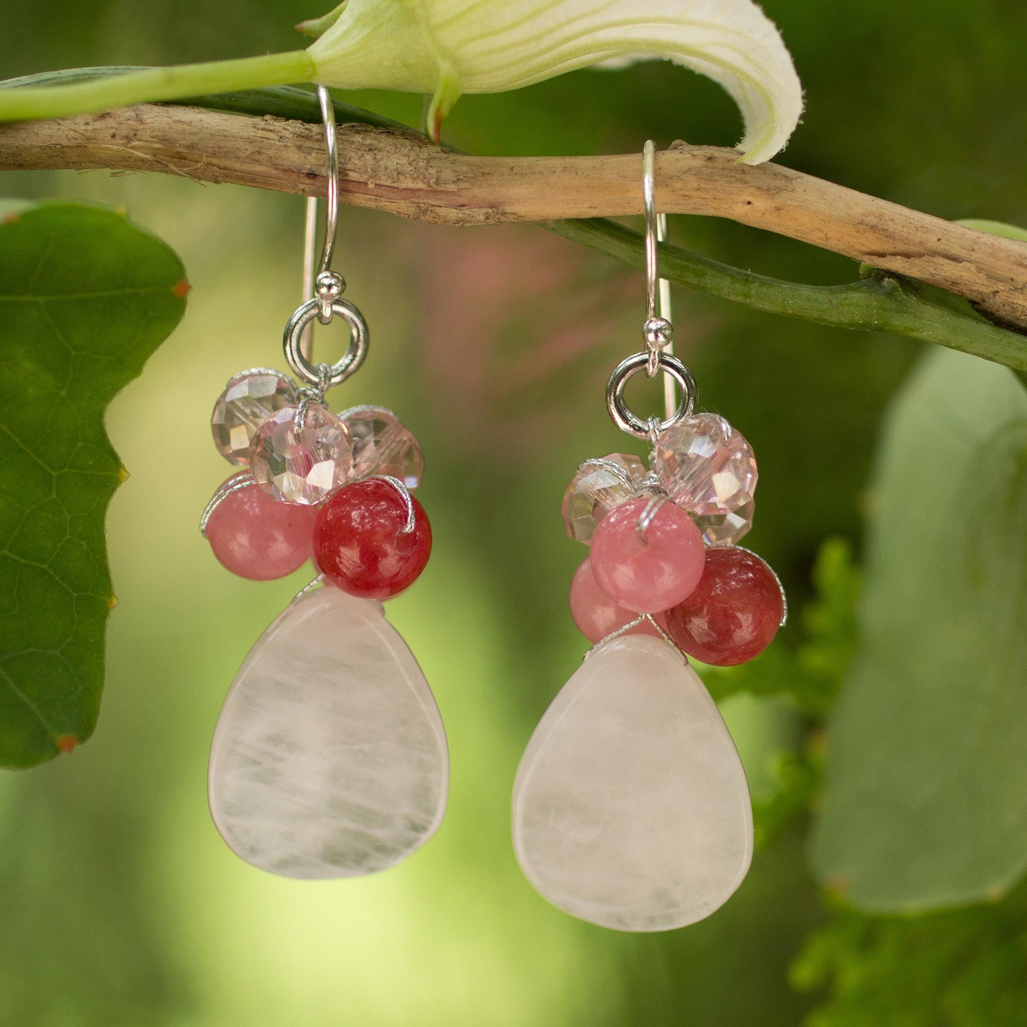 Premium Rose Quartz Silver Beaded Earrings - Handmade Elegance