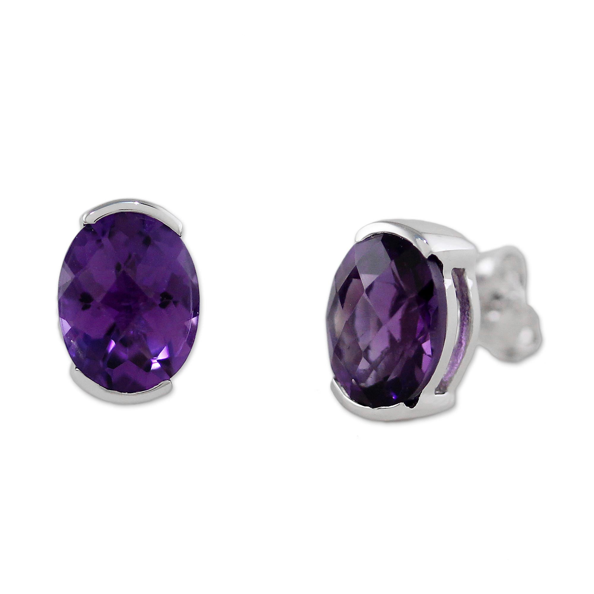 Premium Amethyst Sterling Silver Stud Earrings - Elegant Thai Design