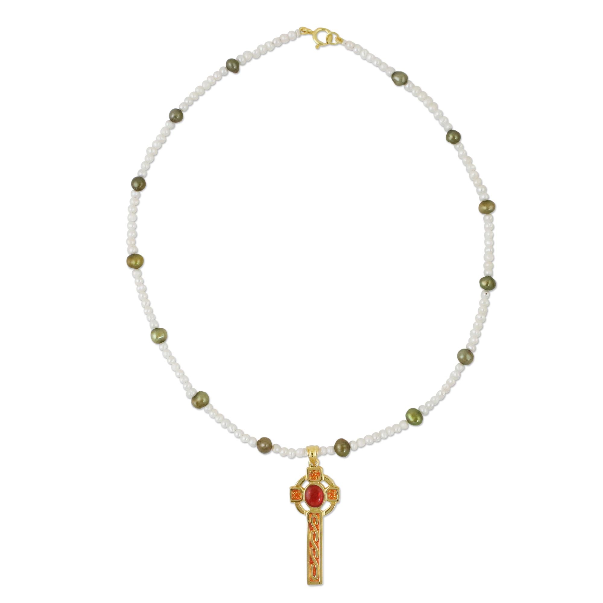 Premium Faithful Soul Red Gold Plated Cross Necklace with Cultured Pearls