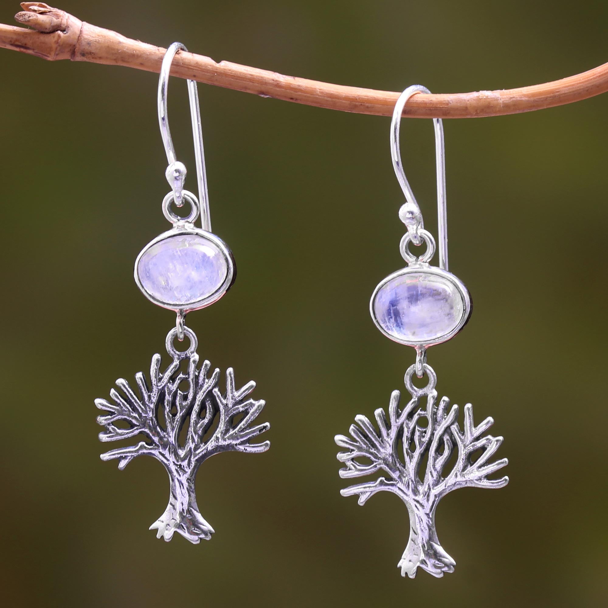 Premium Enlightenment Tree Dangle Earrings with Rainbow Moonstone
