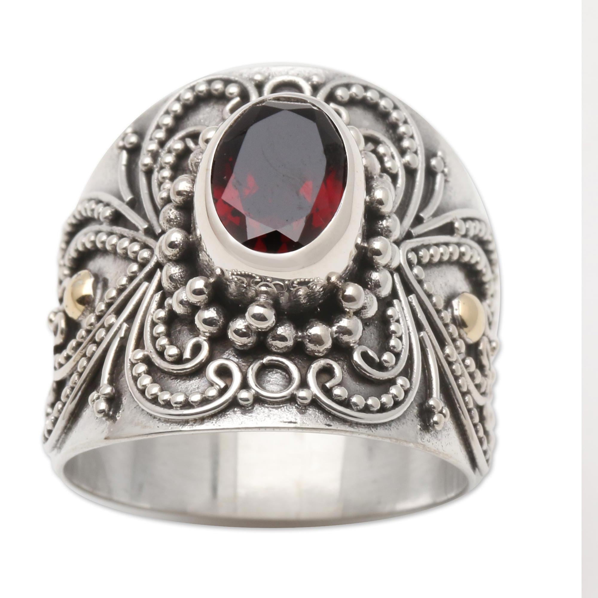 Premium Oval Garnet Ring with Balinese Silver & Gold Accents