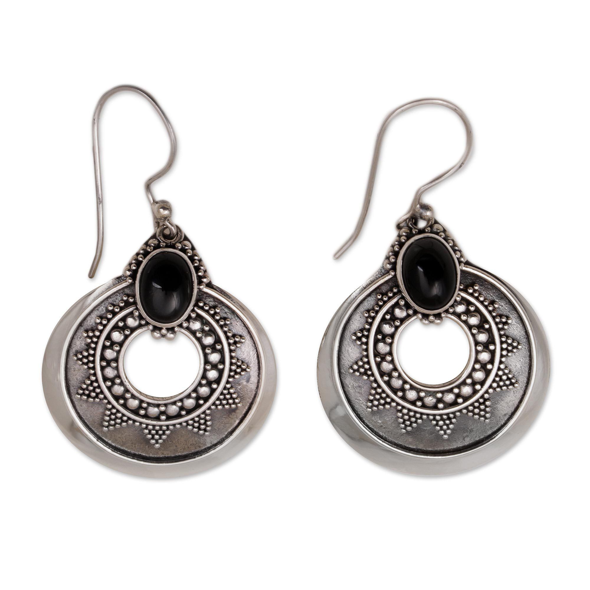 Premium Onyx & Sterling Silver Medallion Earrings - Handcrafted Elegance