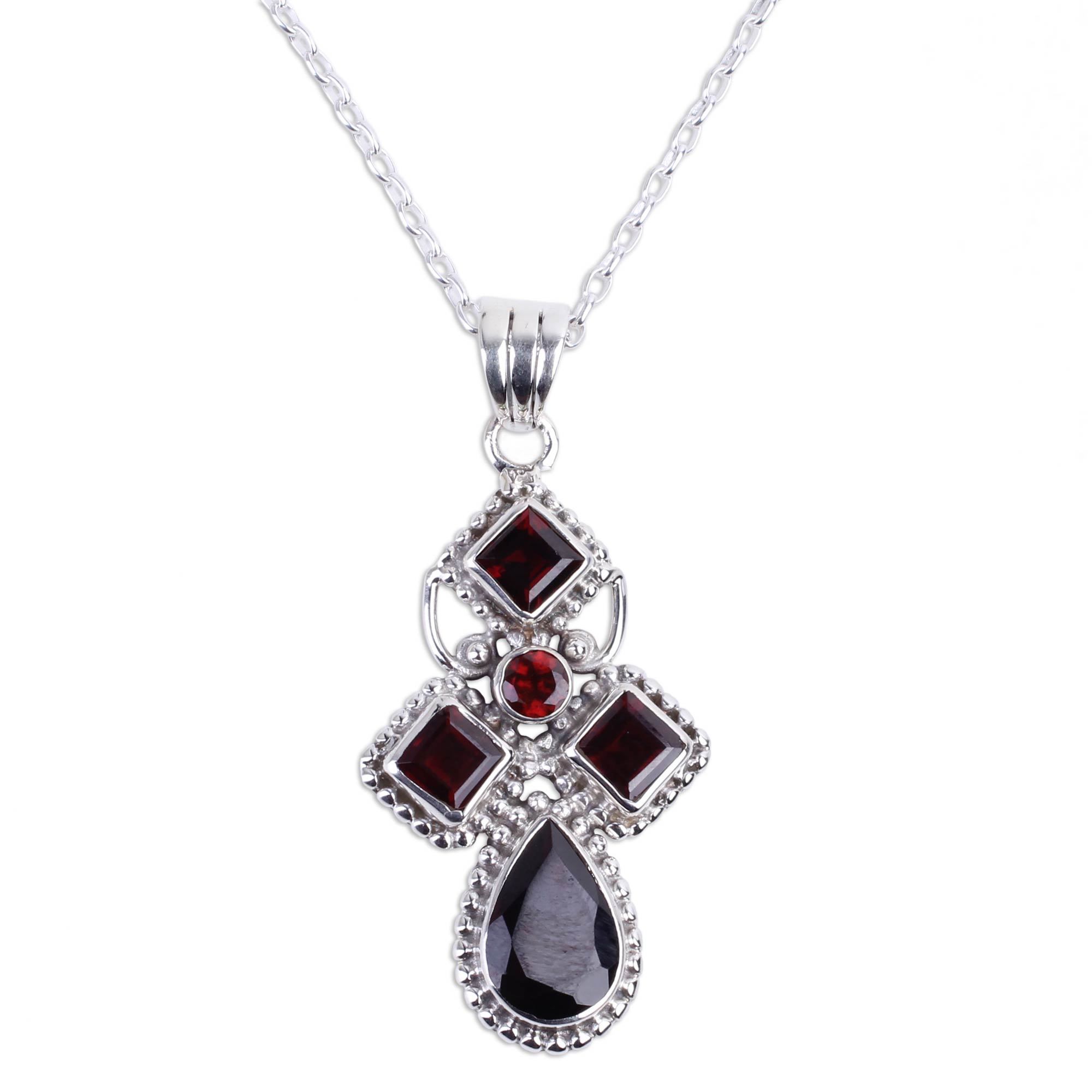 Premium Geometric Illusions Garnet Pendant Necklace - Handcrafted Sterling Silver