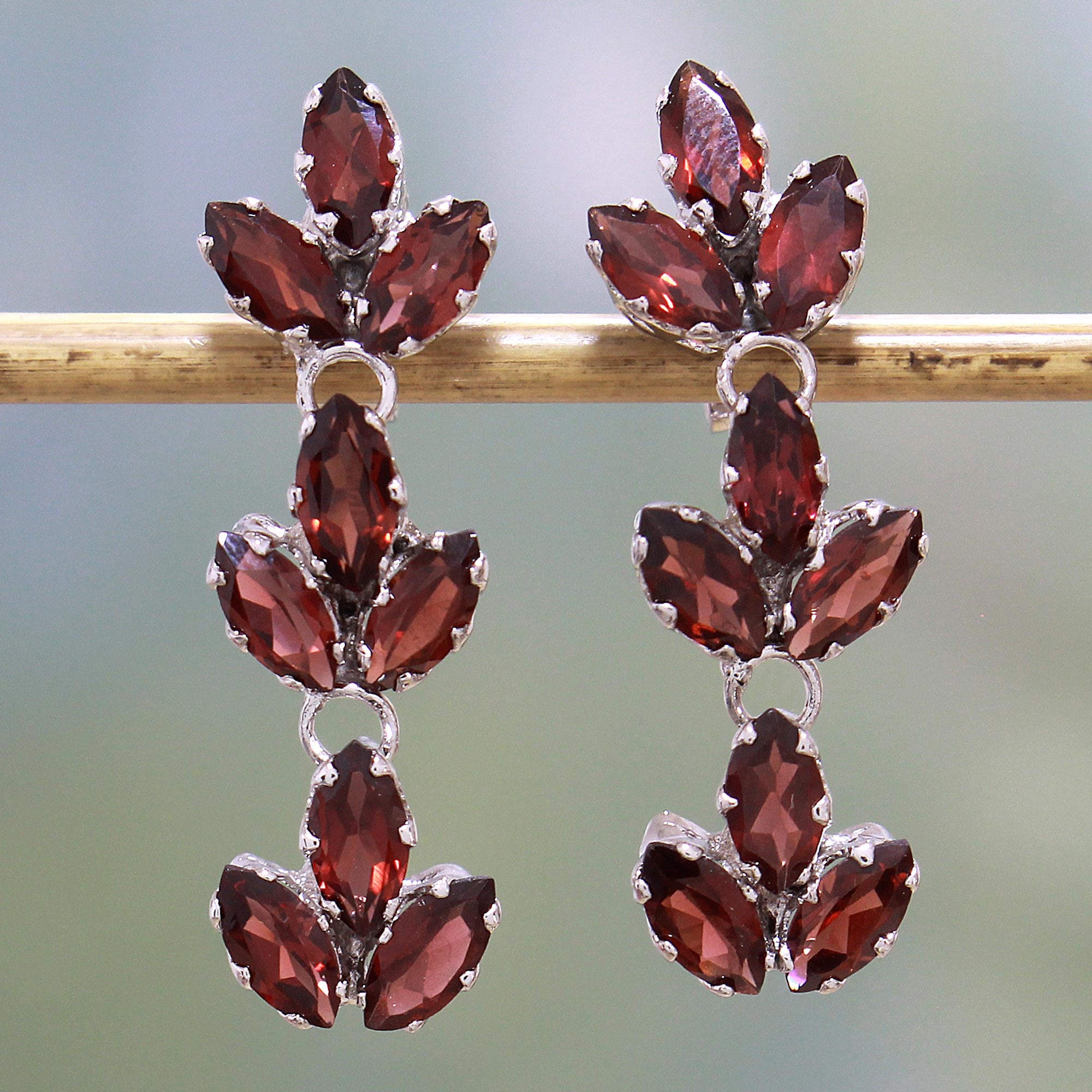 Premium Radiant Red Garnet Leaf Dangle Earrings – Handcrafted Sterling Silver