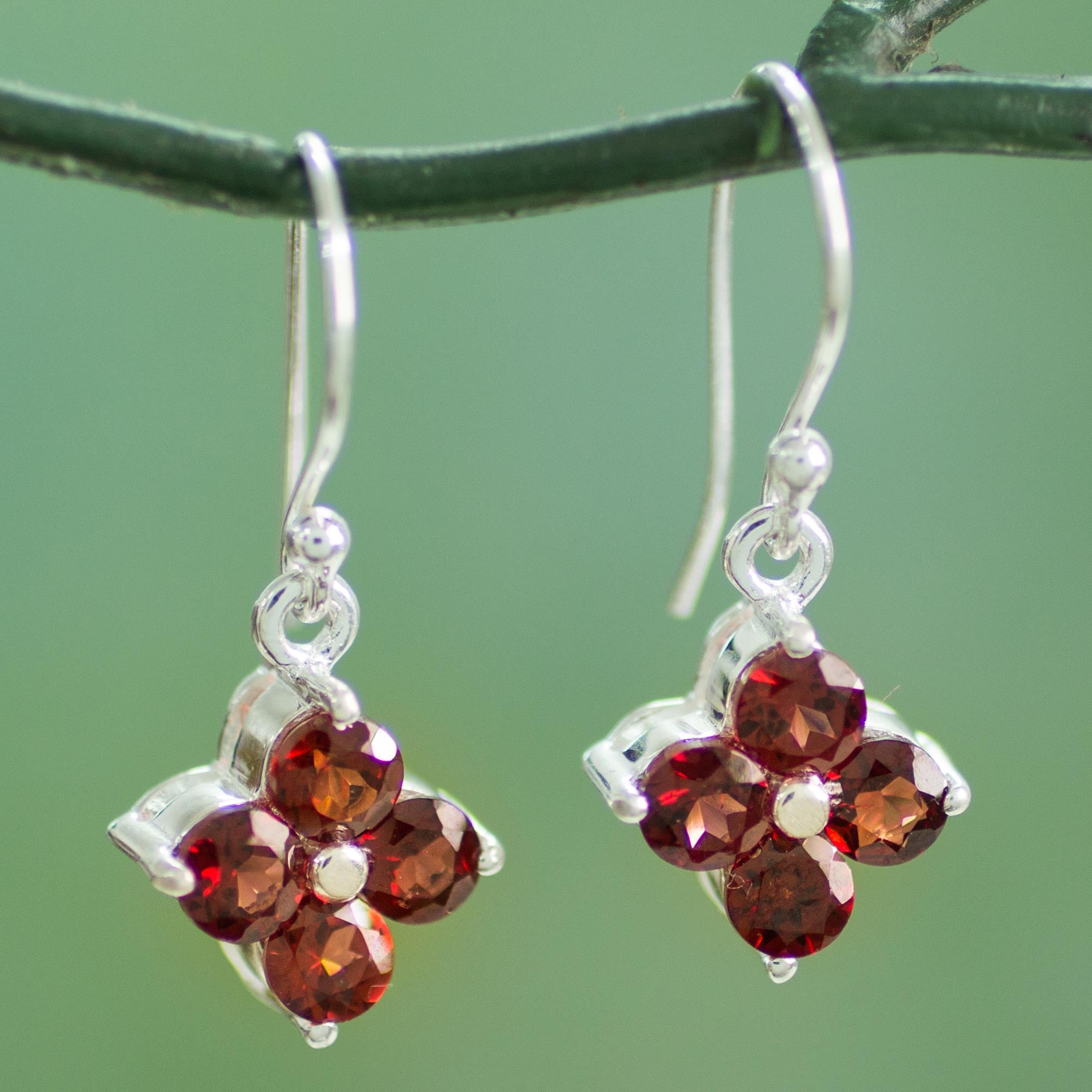 Premium Petite Petals Garnet Dangle Earrings – Artisan Crafted Sterling Silver