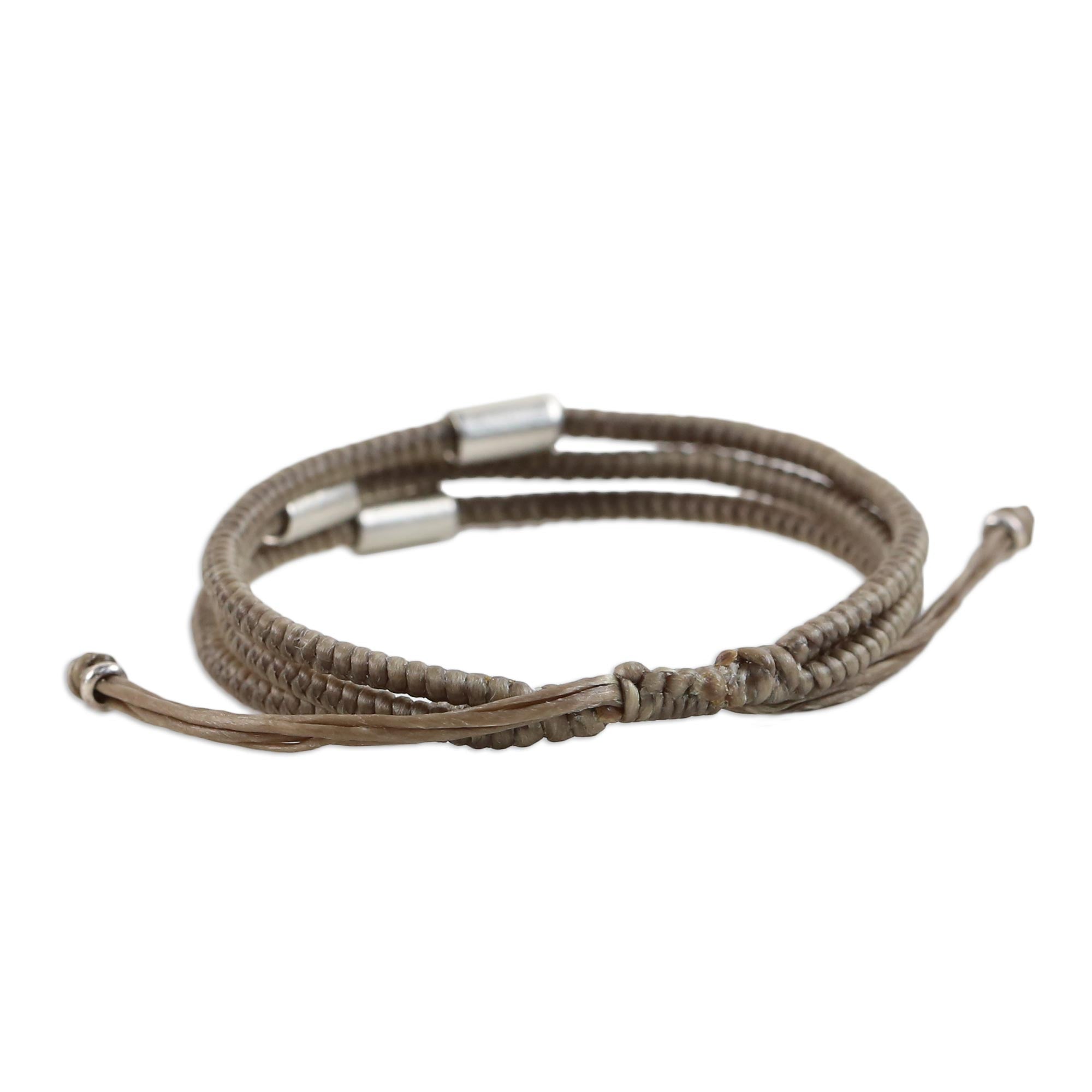 Premium Khaki Thai Silver Braided Bracelet - Handcrafted Hill Tribe Artistry