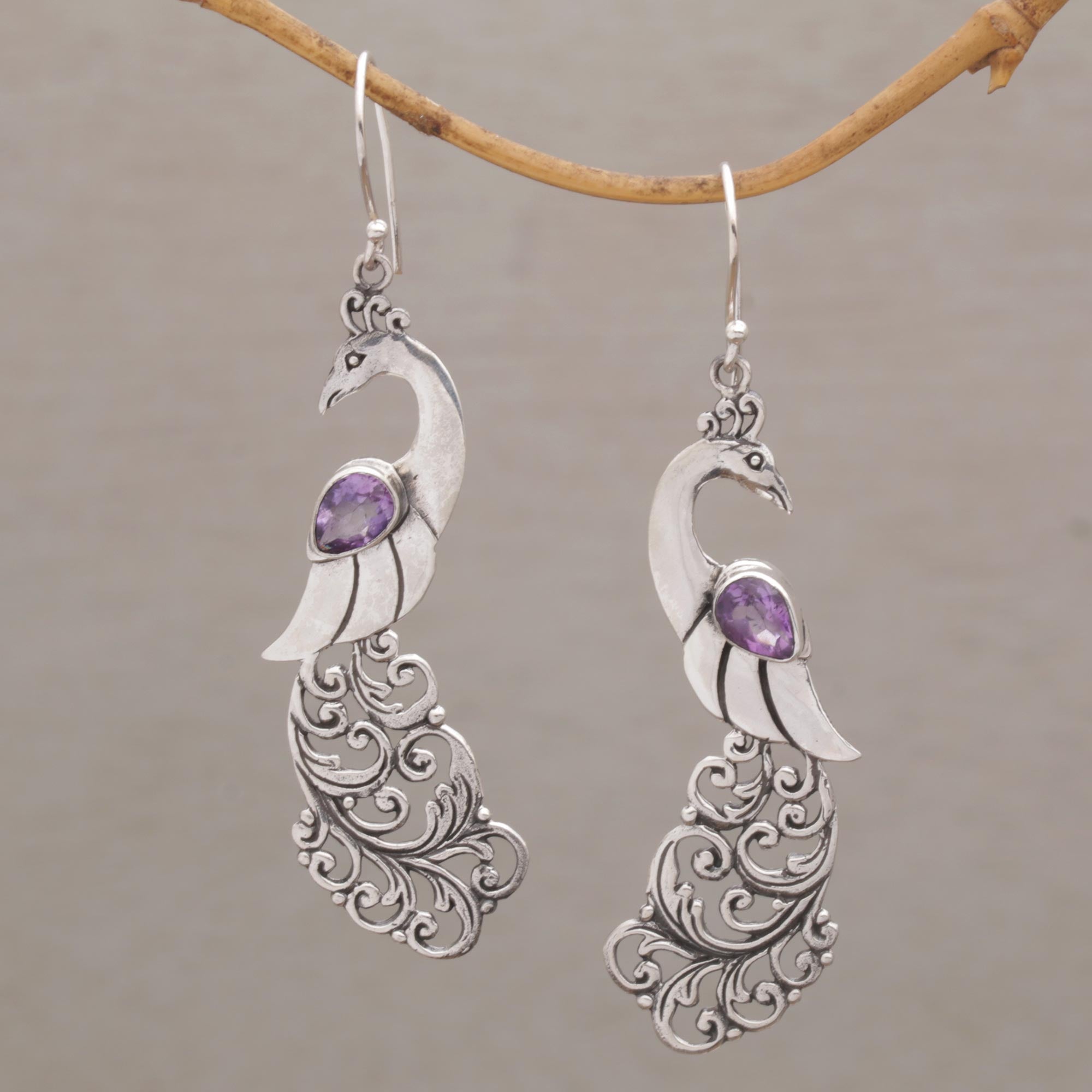 Premium Amethyst Peafowl Dangle Earrings in Sterling Silver