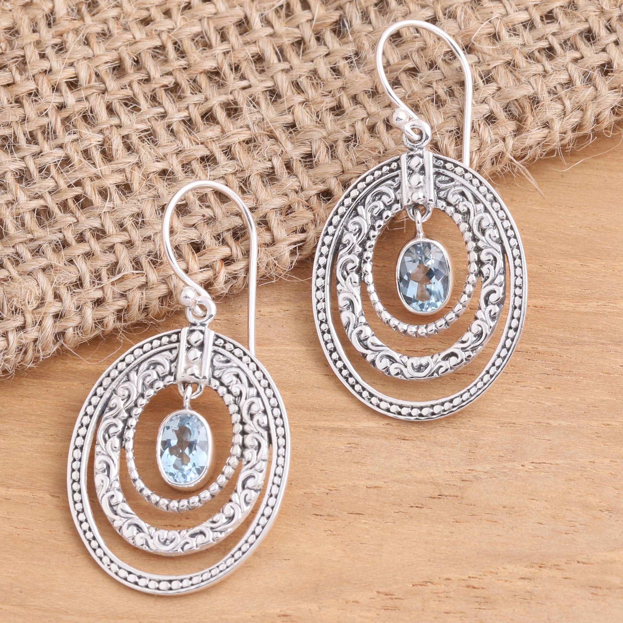 Premium Inner Circles Blue Topaz Earrings – Balinese Artisan Crafted