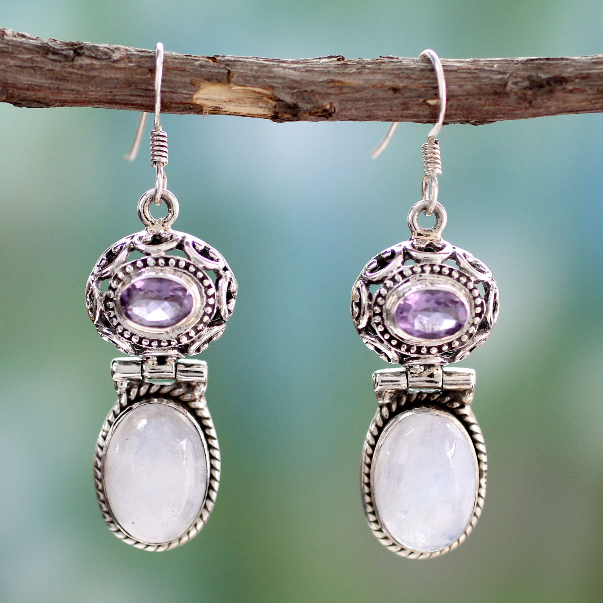 Premium Mystic Rainbow Moonstone & Amethyst Dangle Earrings