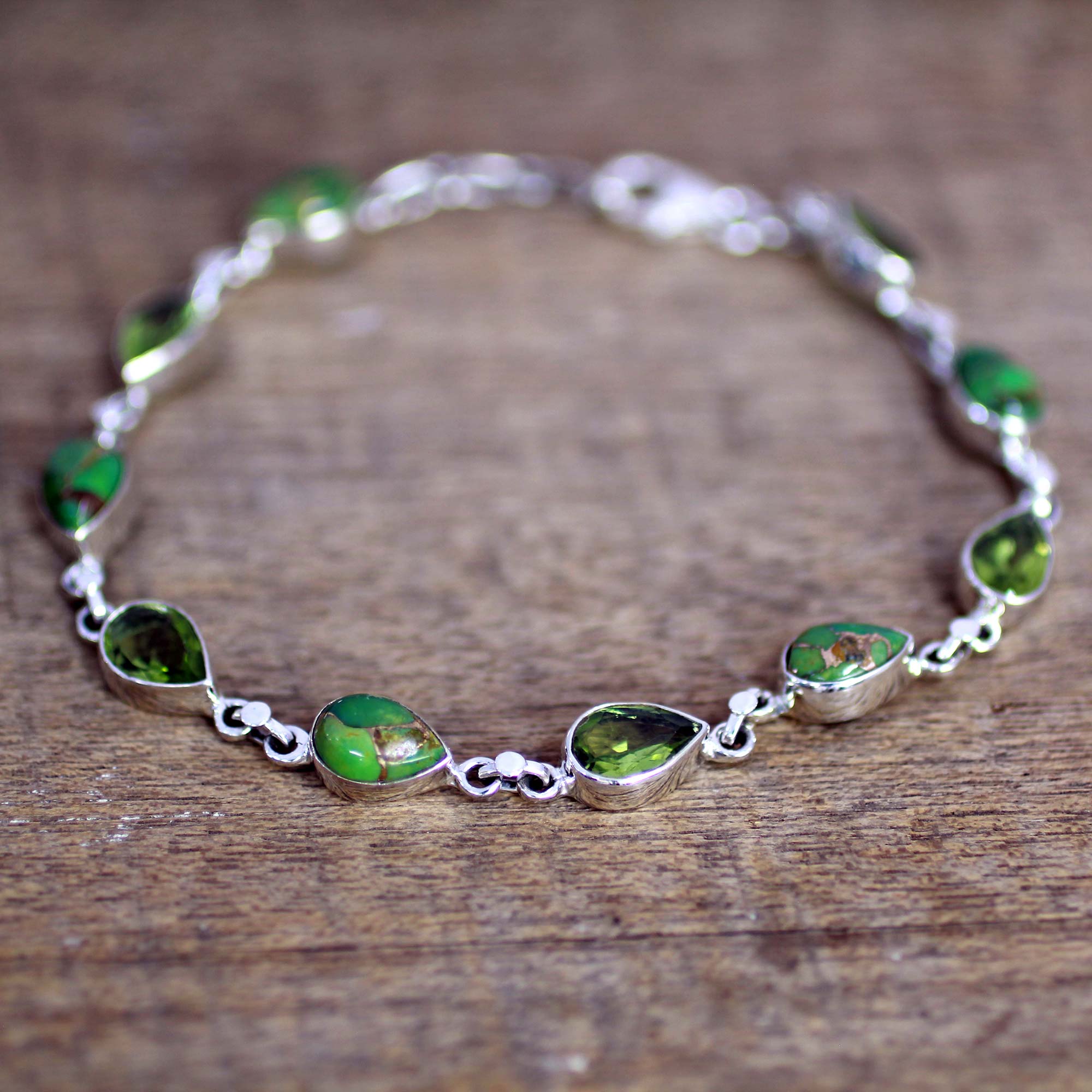 Premium Peridot & Turquoise Sterling Silver Bracelet - Handcrafted in India