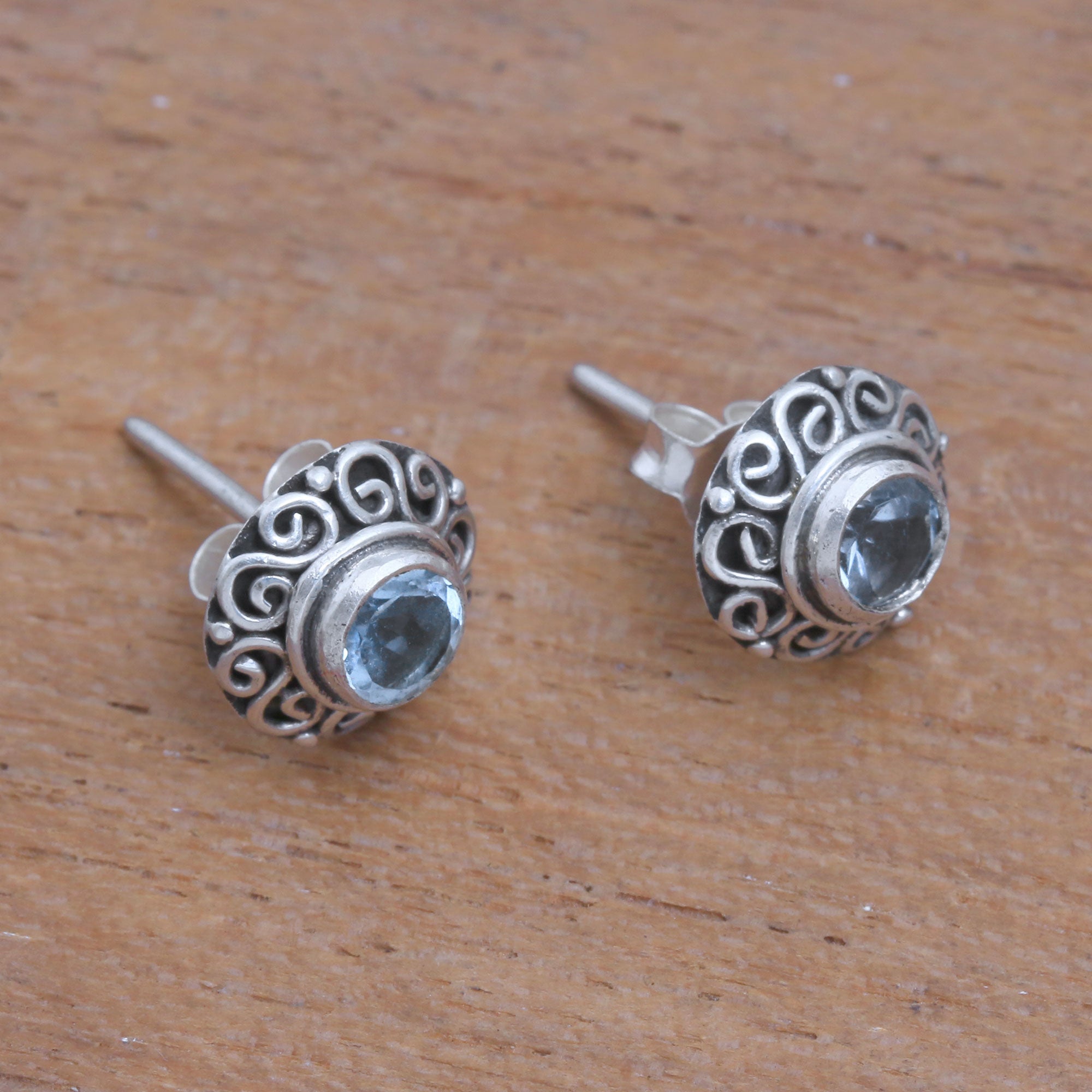 Premium Blue Topaz Sterling Silver Stud Earrings - Handmade in Bali