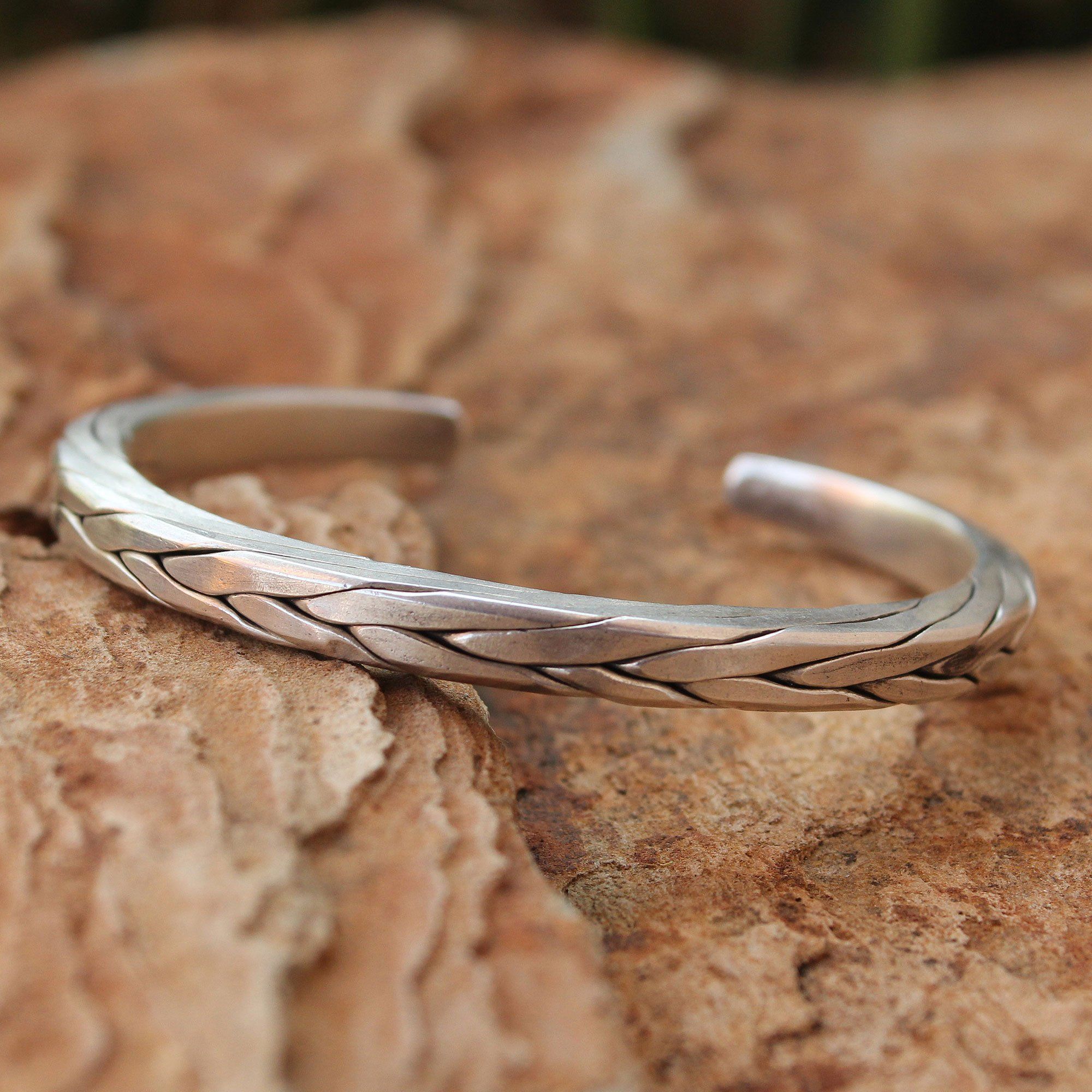 Premium Sterling Silver Men's Braided Cuff Bracelet - Modern Thai Design