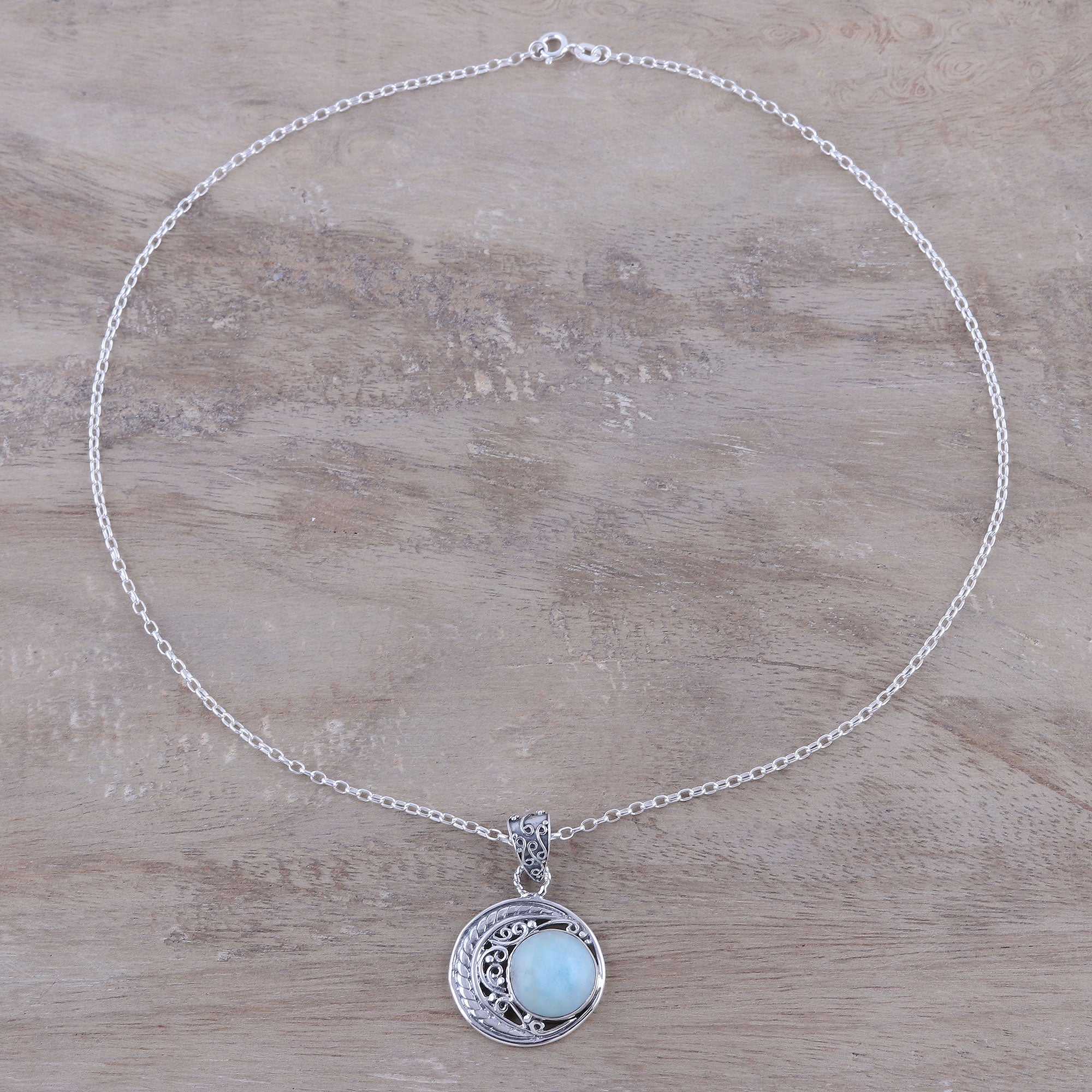 Premium Crescent Elegance Larimar Pendant Necklace - Handcrafted Sterling Silver Jewelry from India