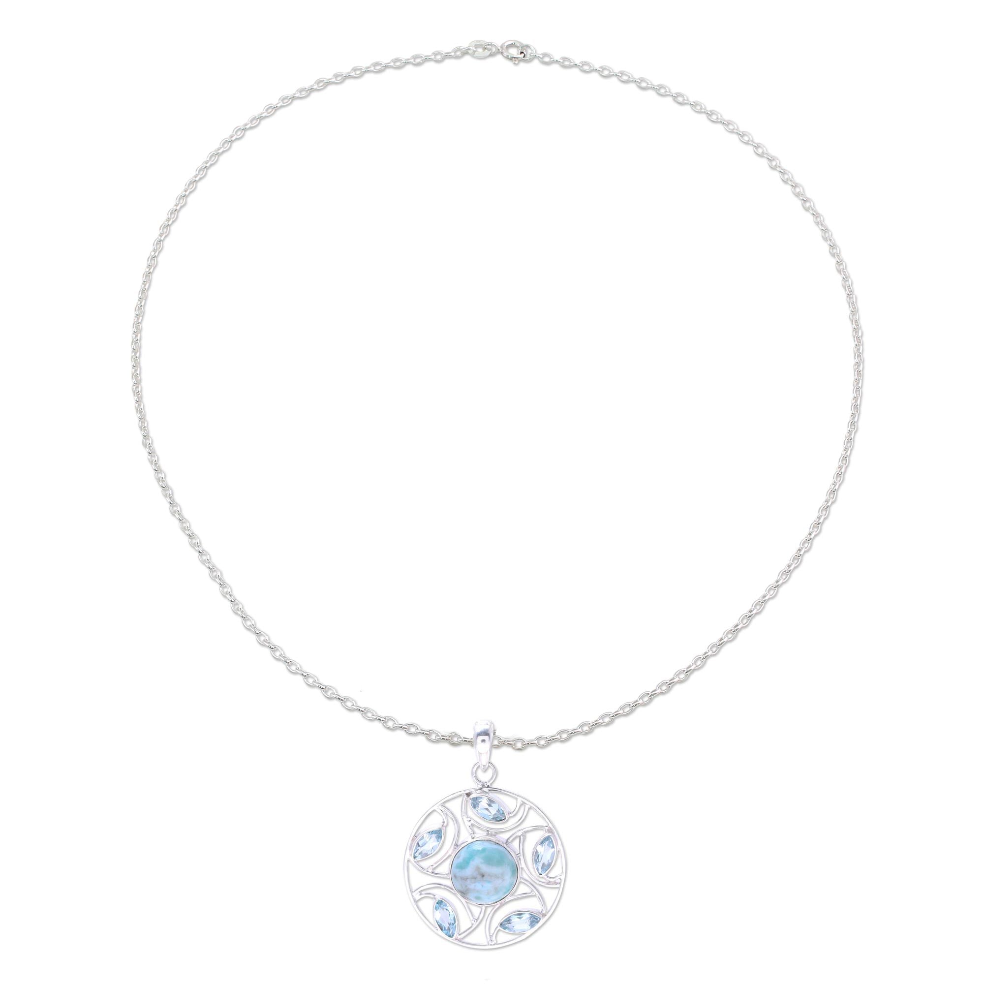 Premium Sterling Silver Larimar & Blue Topaz Wheel Pendant Necklace