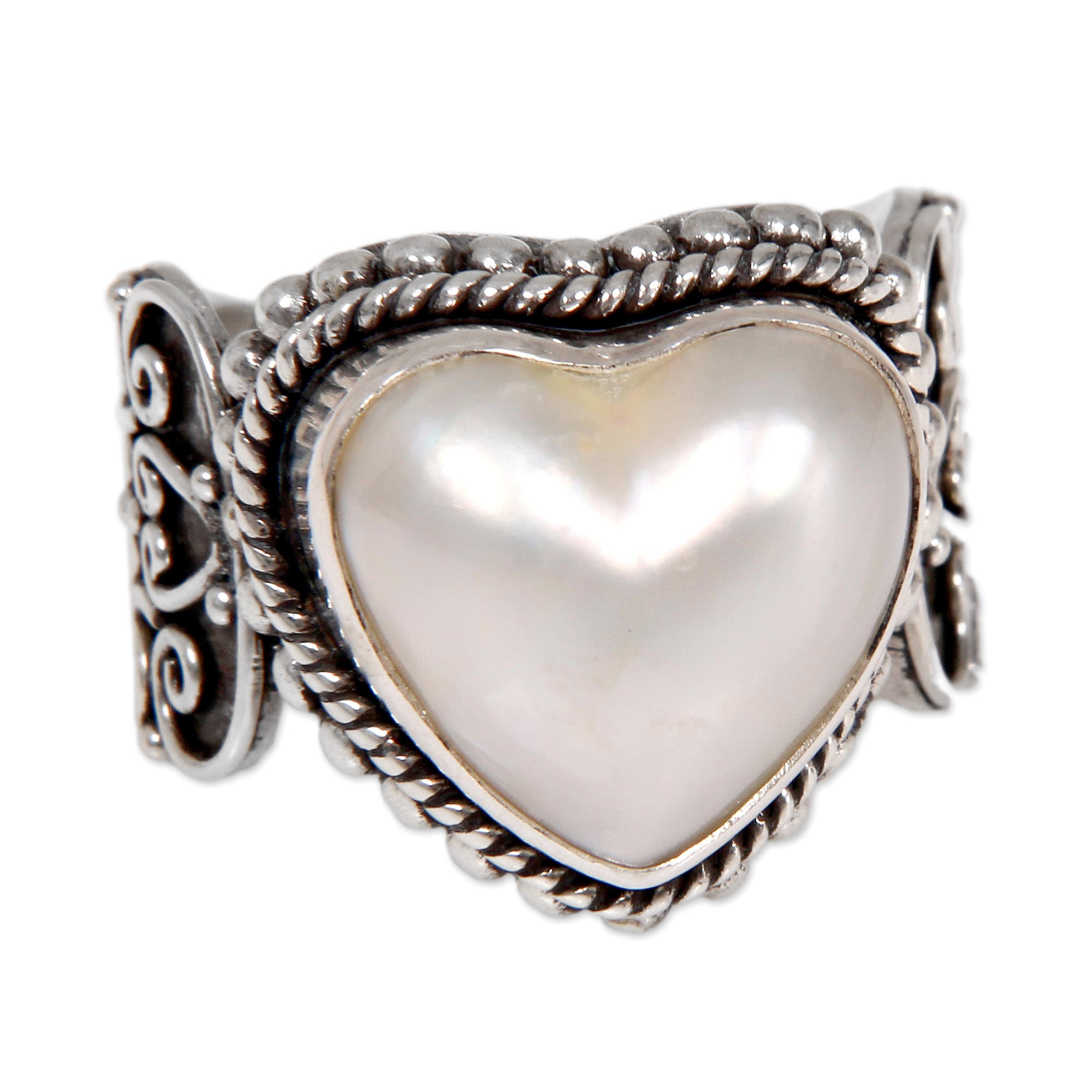 Premium Romance in White Cocktail Ring with Heart-Shaped Mabe Pearl