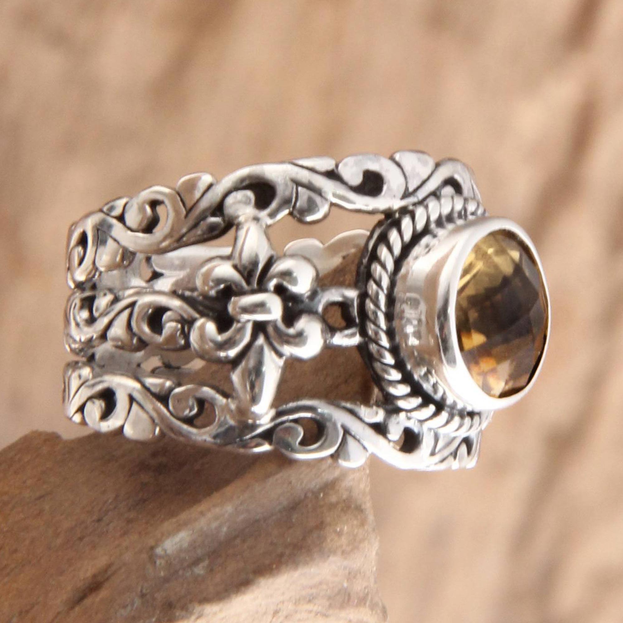 Premium Golden Fleur de Lis Citrine Silver Cocktail Ring - Handcrafted Elegance