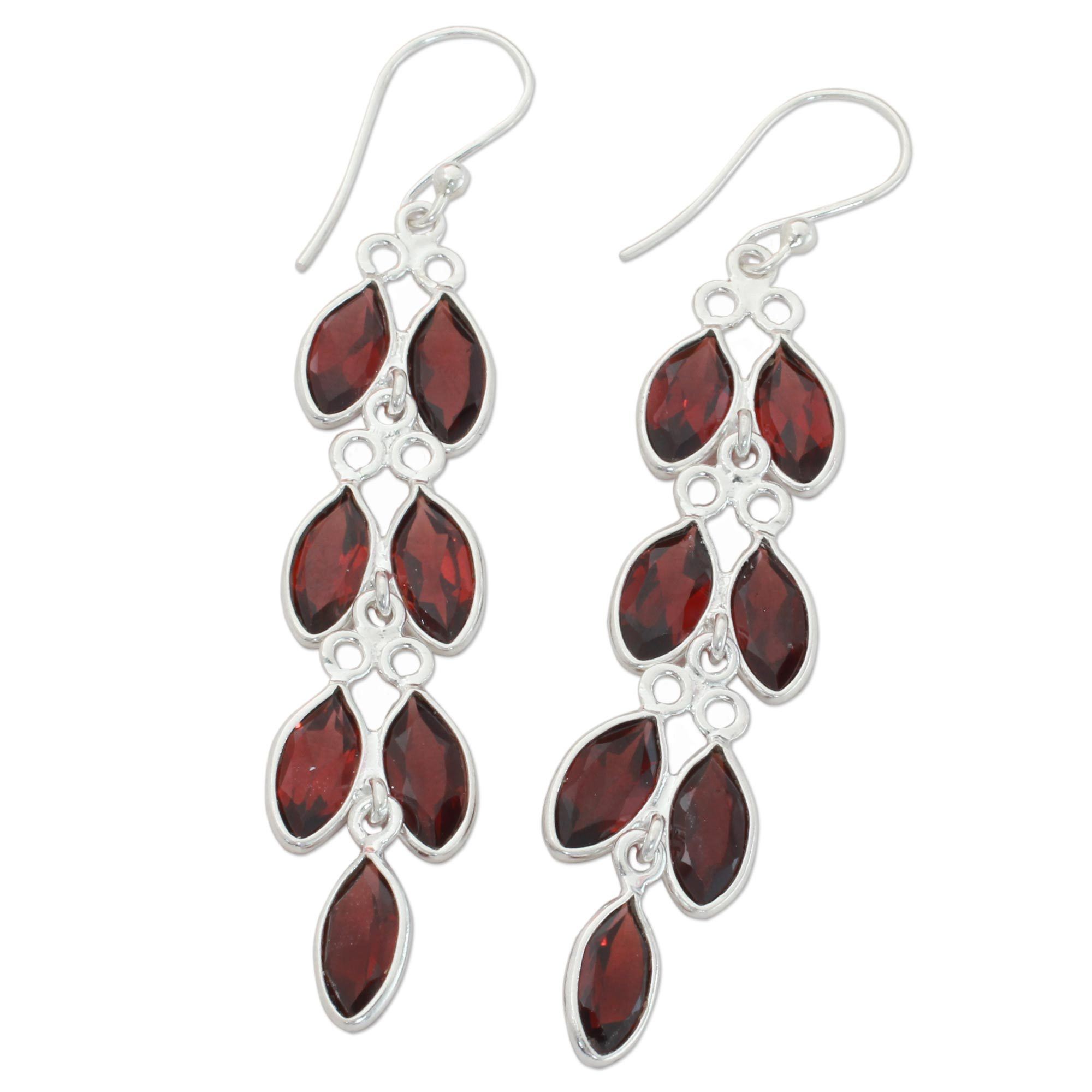 Premium Garnet Leaf Dangle Earrings - Handmade Sterling Silver Jewelry