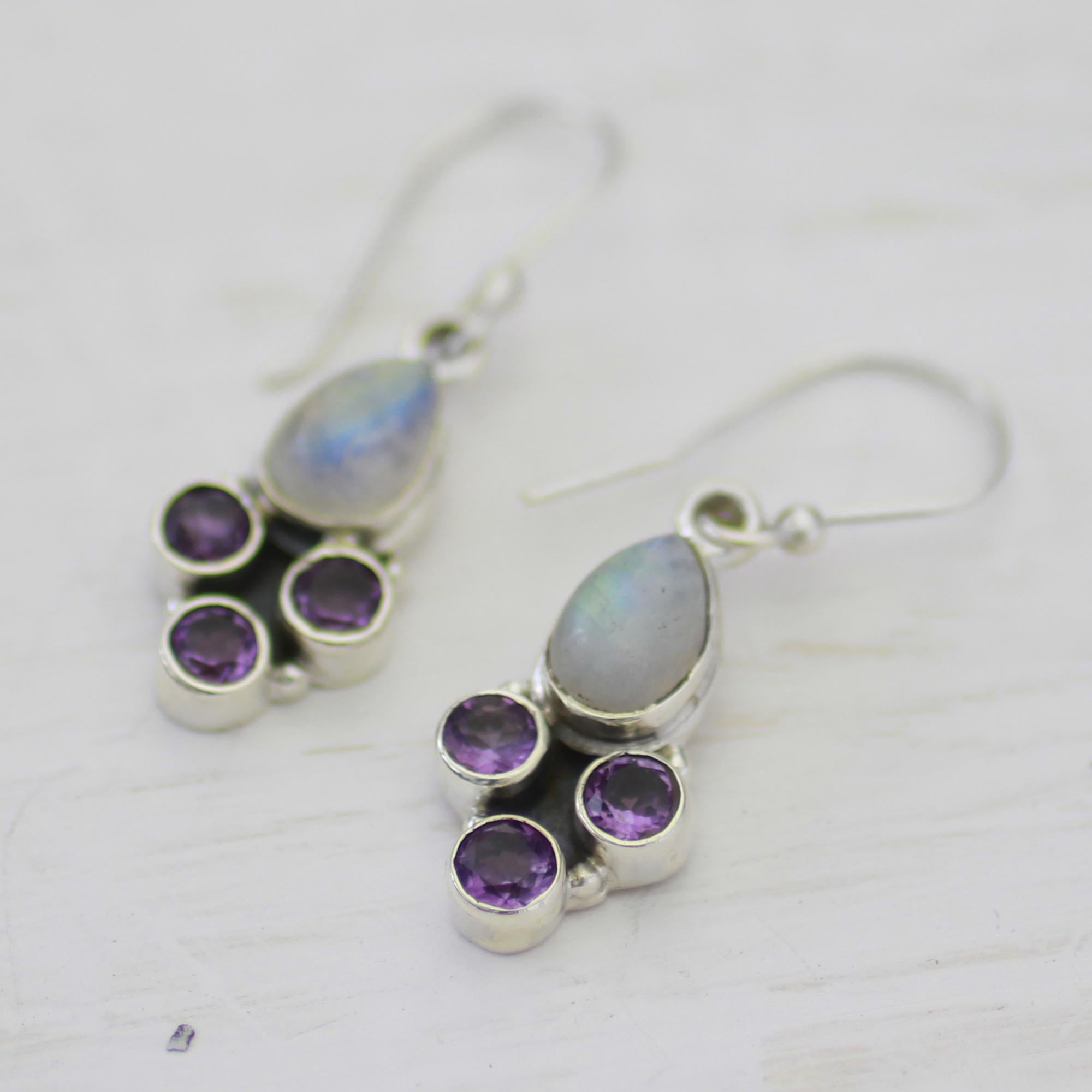 Premium Purple Rainbow Moonstone & Amethyst Dangle Earrings - Handcrafted Sterling Silver Jewelry from India