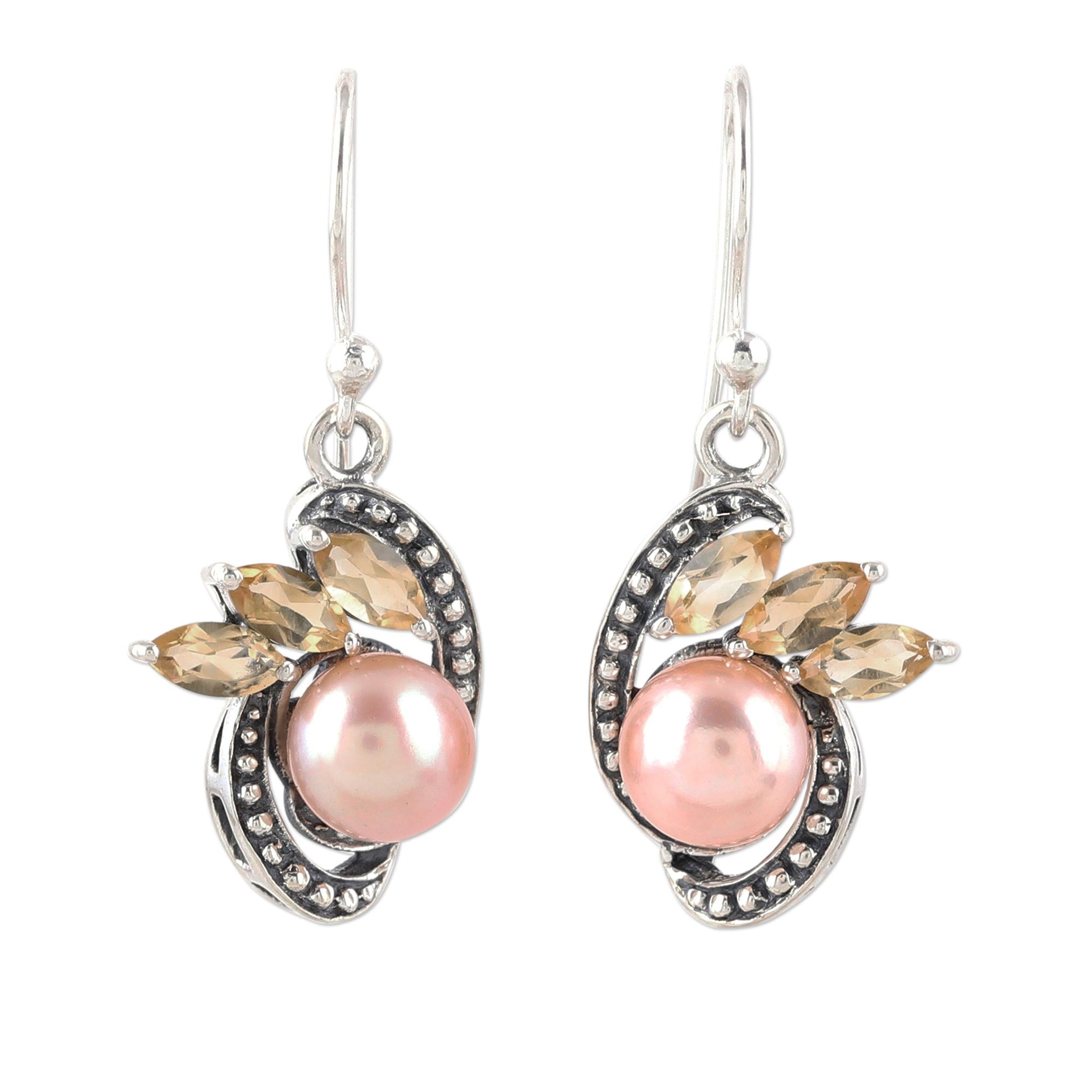 Ultimate Elegance: Peach Cultured Pearl & Citrine Sterling Silver Dangle Earrings