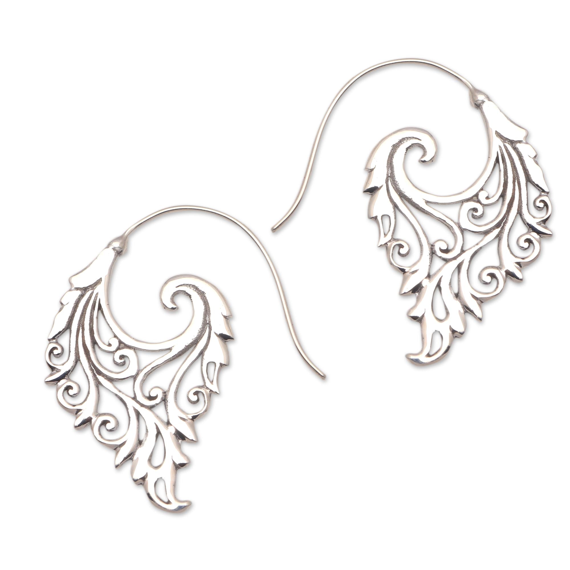 Premium Bali Sterling Silver Half-Hoop Earrings with Vine Motif