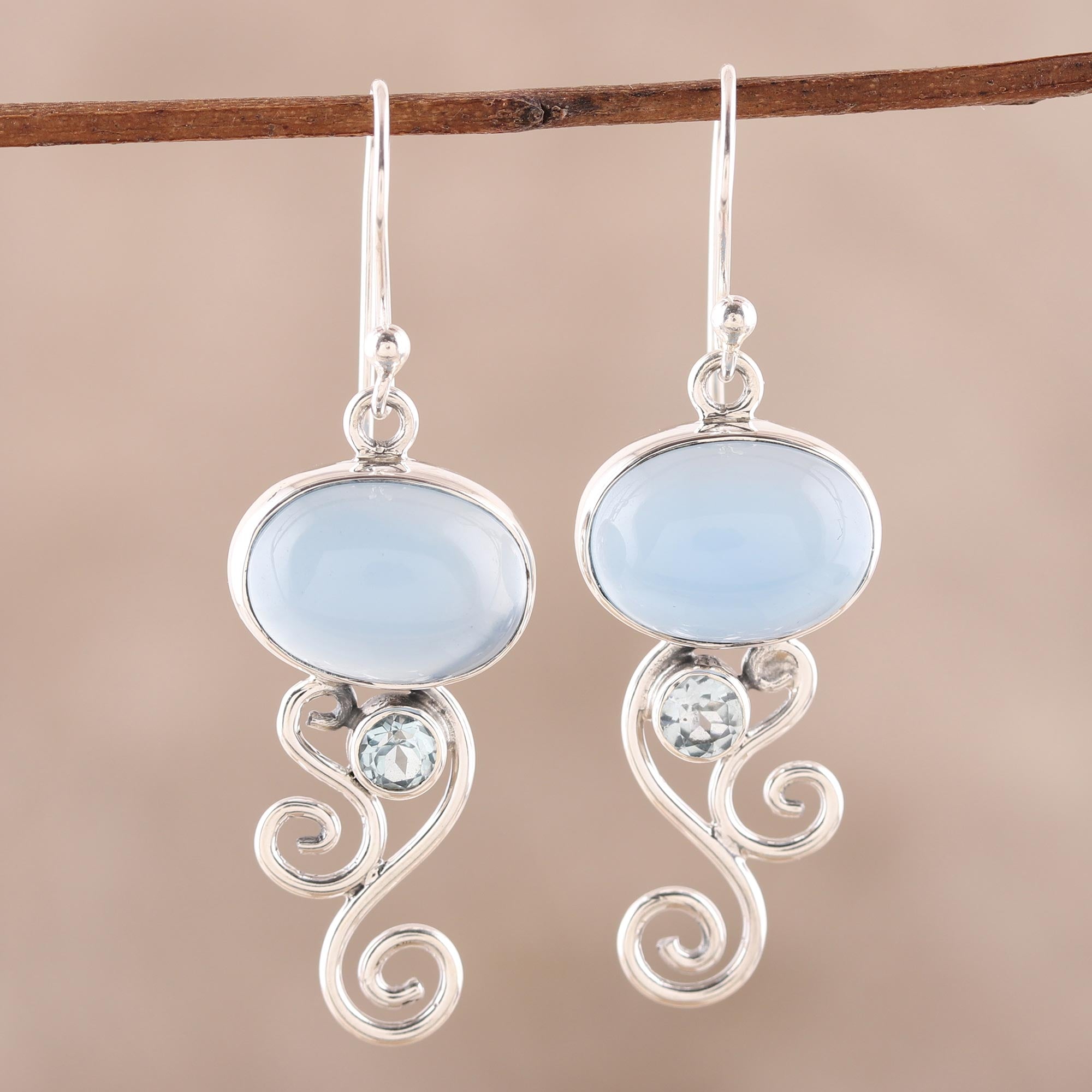 Premium Oval Tendrils Chalcedony and Blue Topaz Dangle Earrings - Handcrafted in India