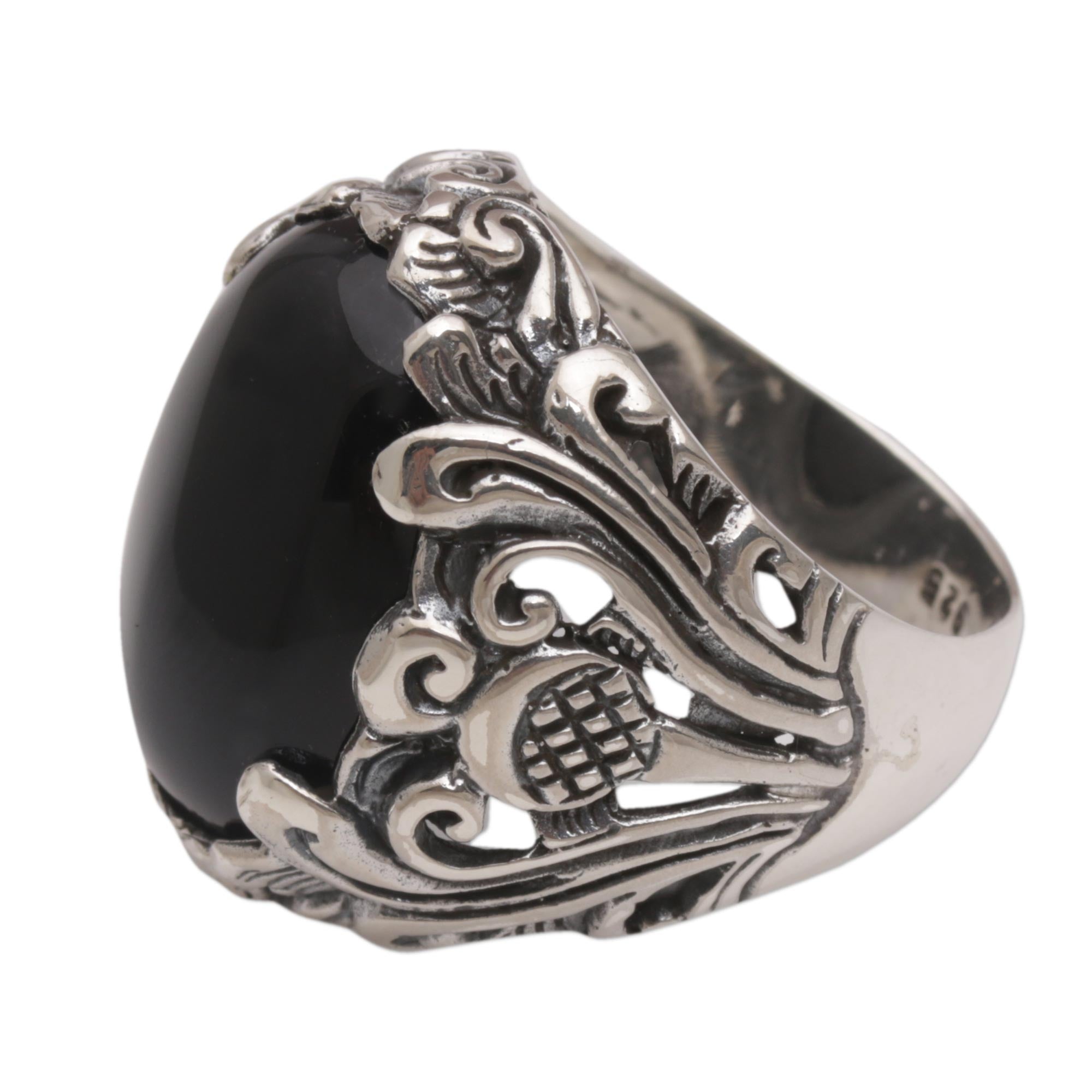 Premium Night Bloom Black Onyx Floral Cocktail Ring