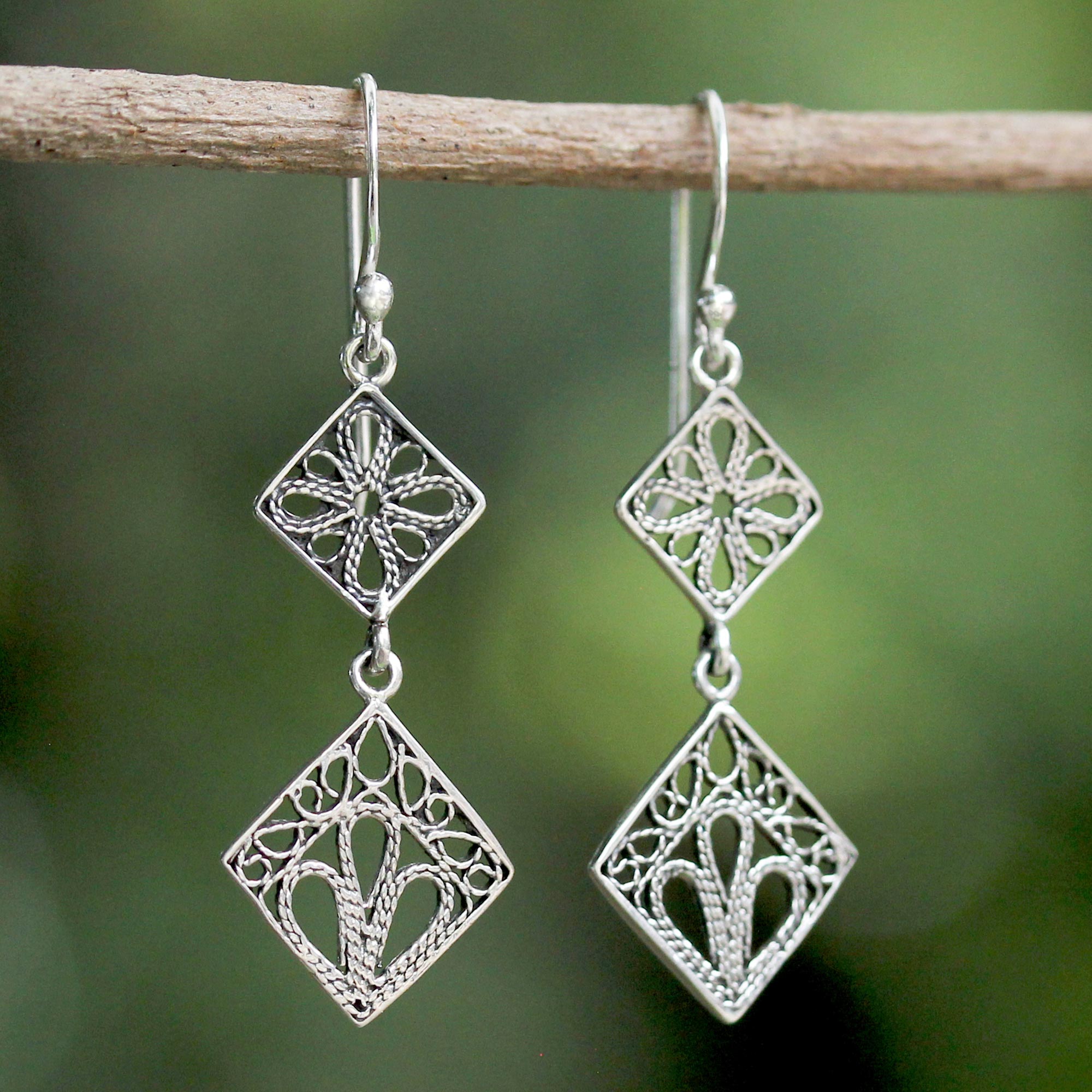 Premium Sterling Silver Filigree Square Dangle Earrings - Elegant & Versatile