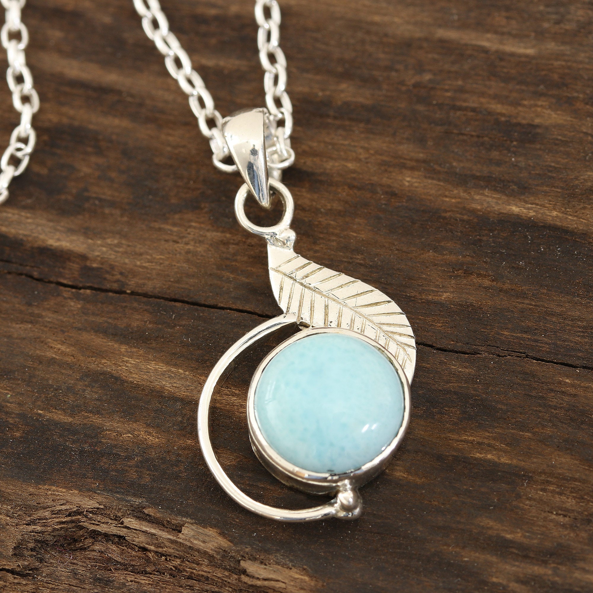 Premium Larimar Leaf Pendant Necklace - Handcrafted Sterling Silver Jewelry