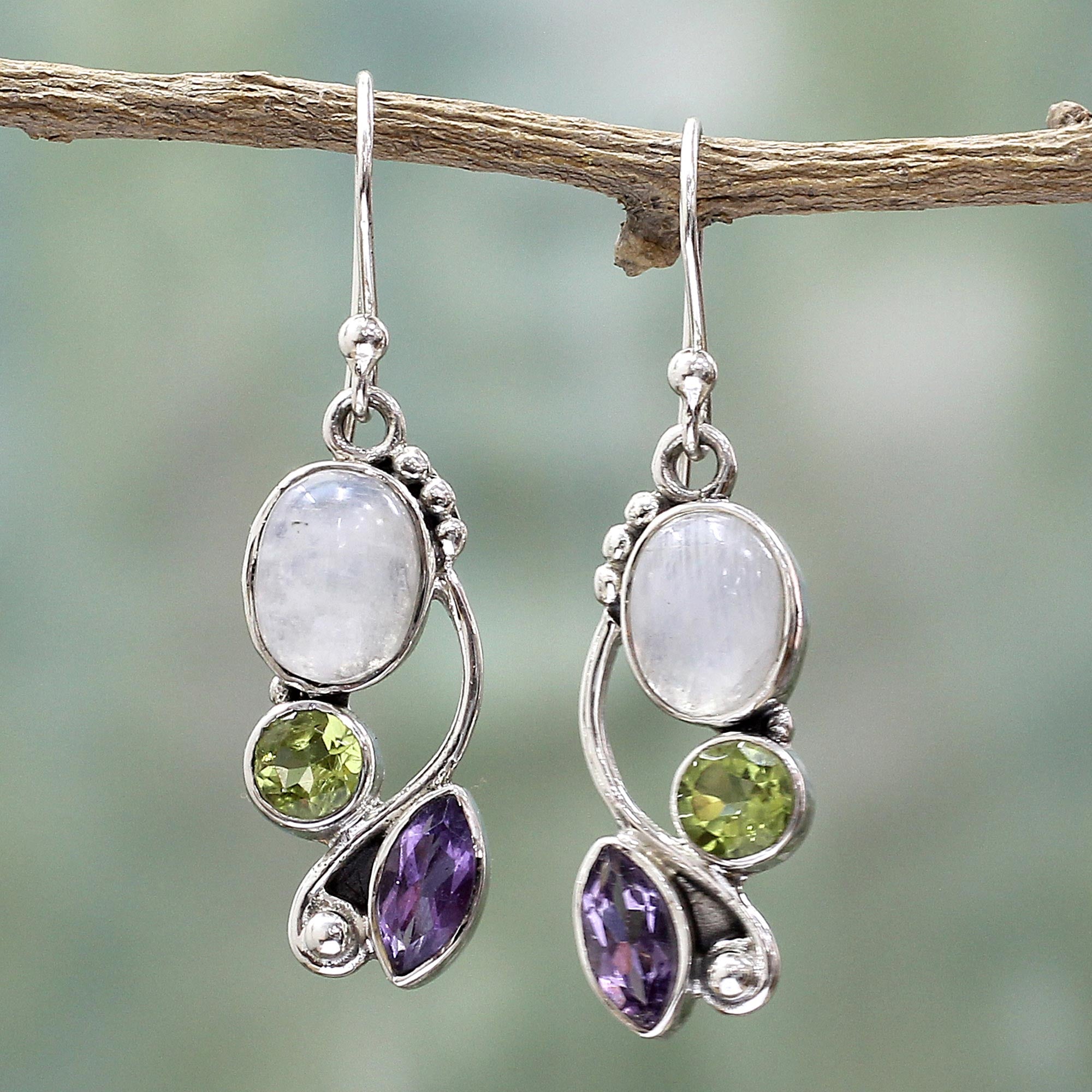 Premium Rainbow Moonstone Dangle Earrings - Handmade Sterling Silver Jewelry