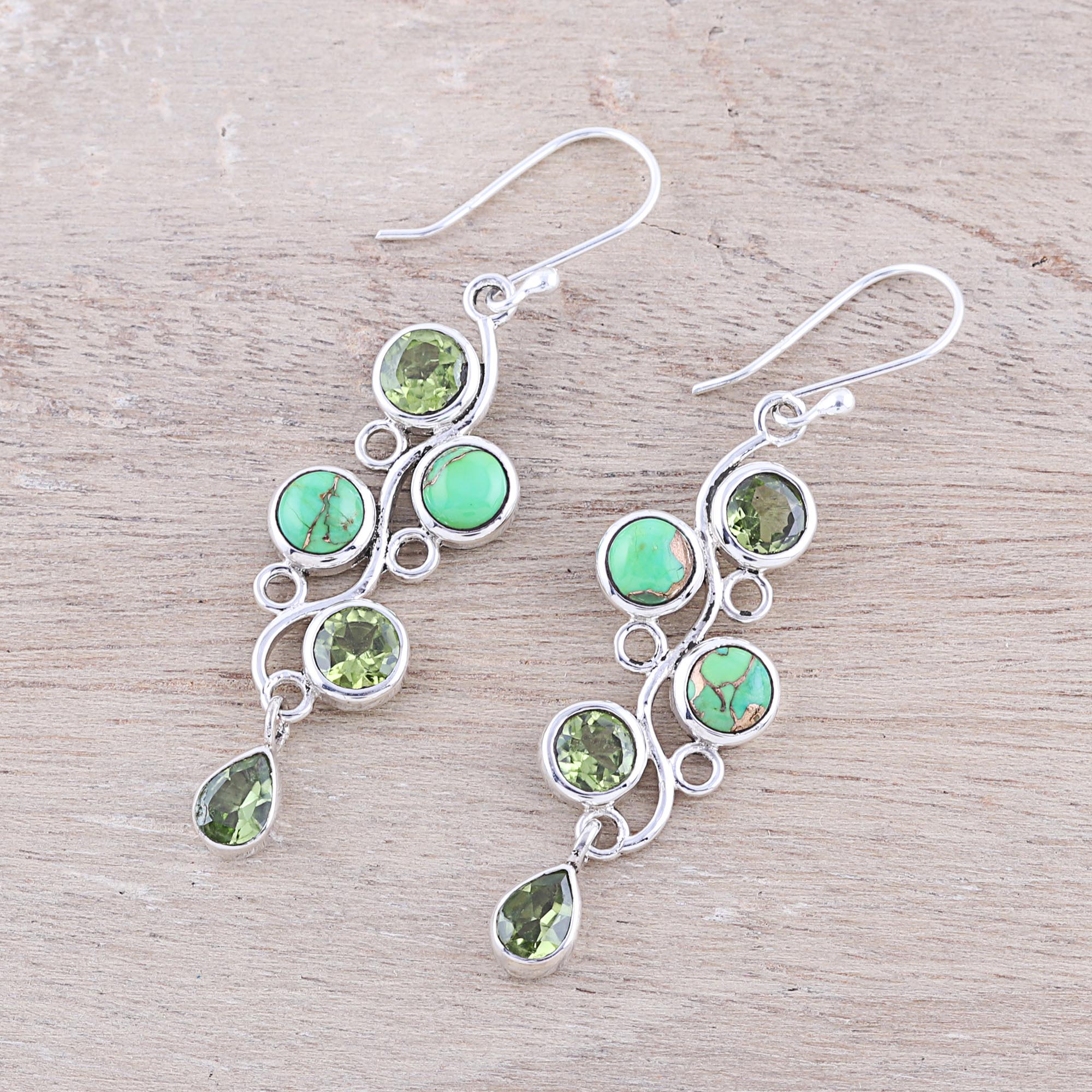 Premium Green Sheen Peridot & Composite Turquoise Dangle Earrings - Handcrafted in India