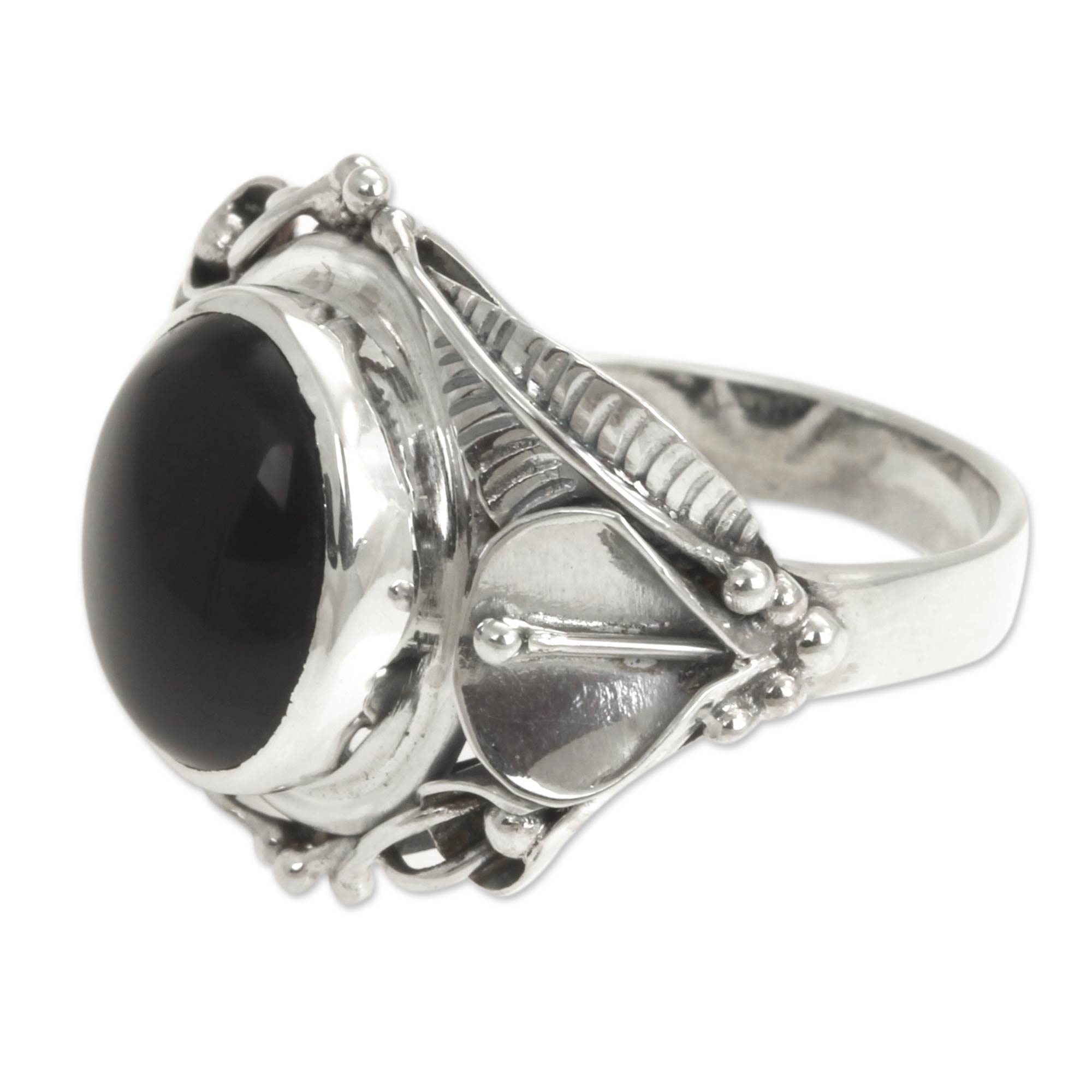 Premium Nest of Lilies Onyx & Silver Cocktail Ring - Handcrafted Elegance