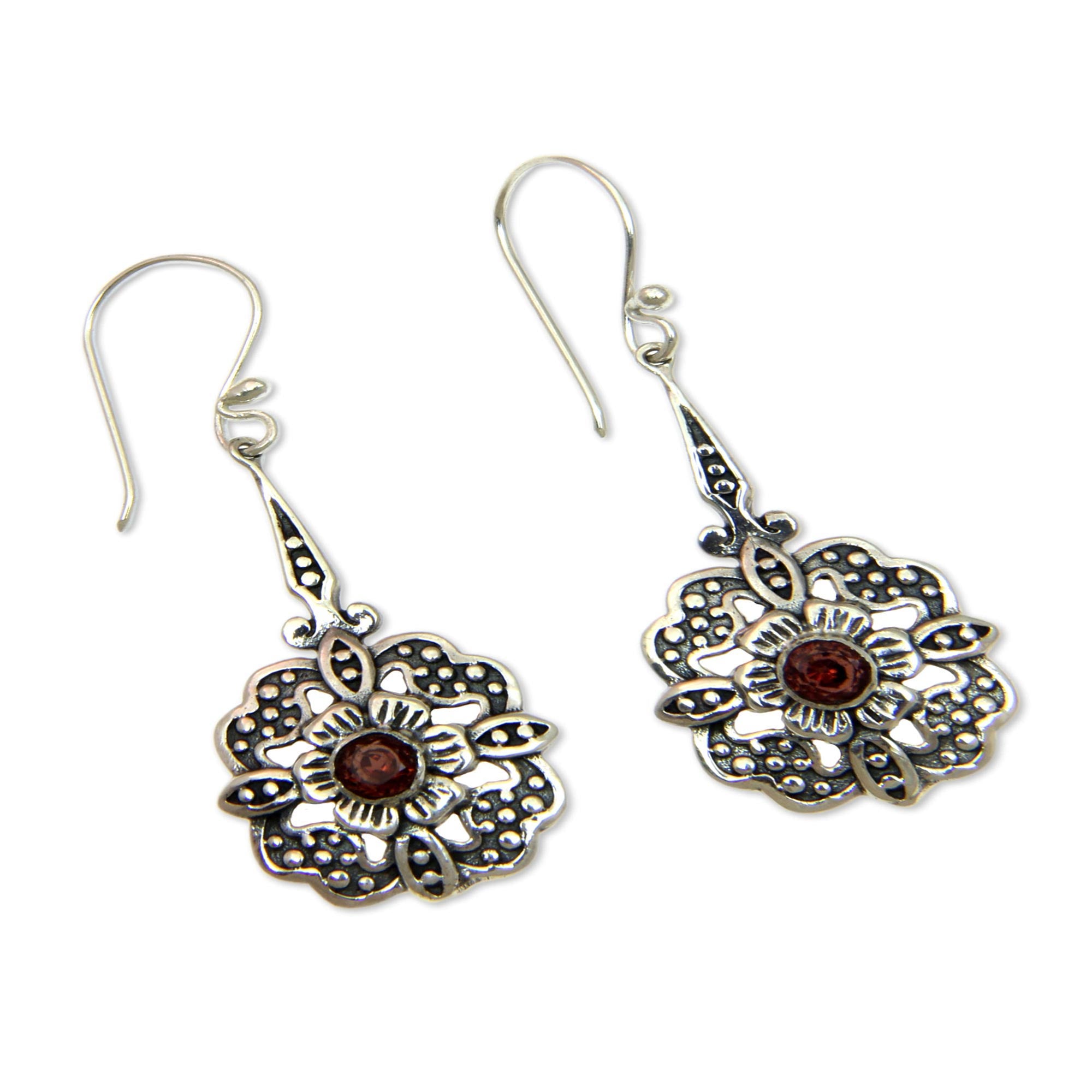 Premium Red Rafflesia Fair Trade Garnet Dangle Earrings - Floral Elegance