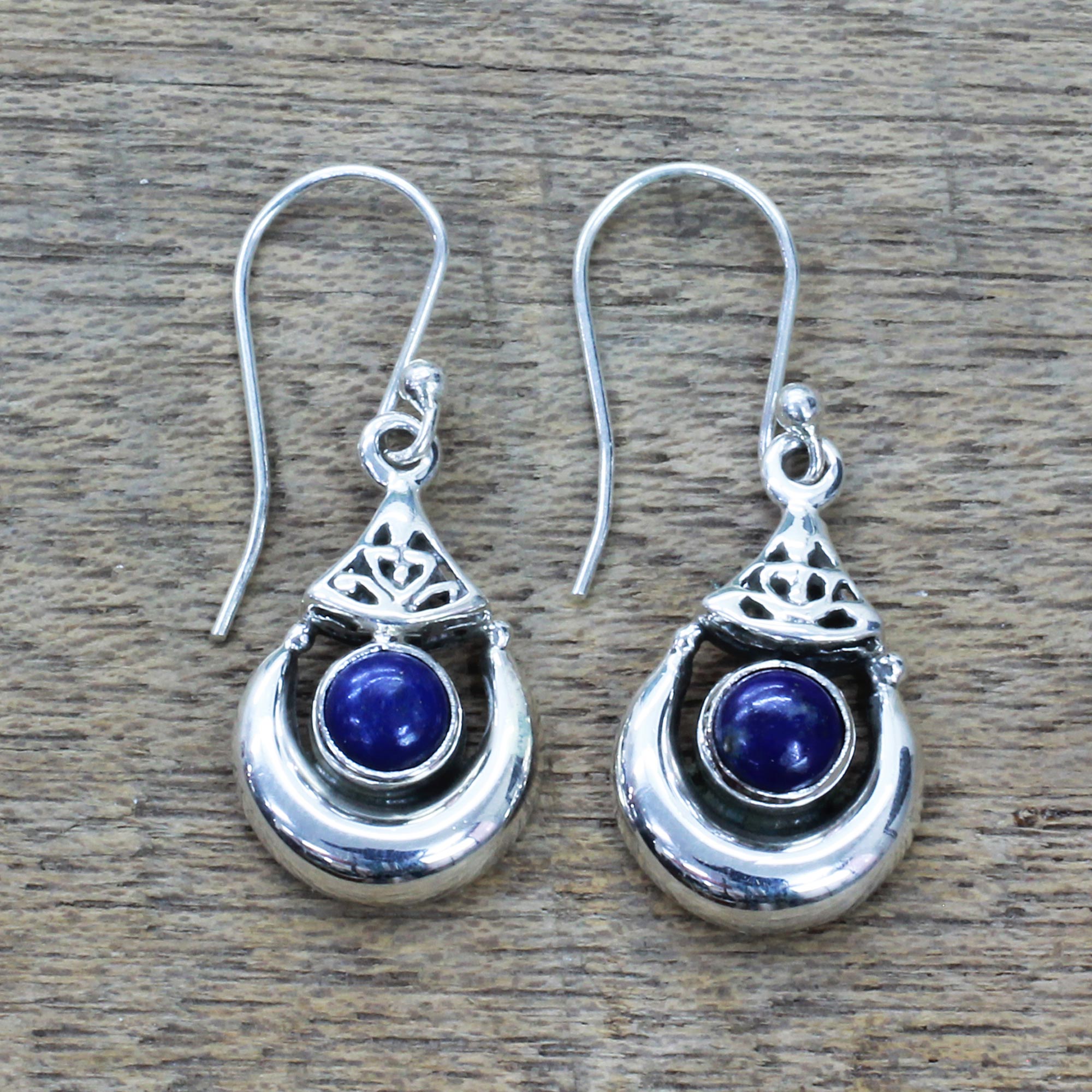 Premium Lapis Lazuli Crescent Silver Earrings – Handcrafted Elegance