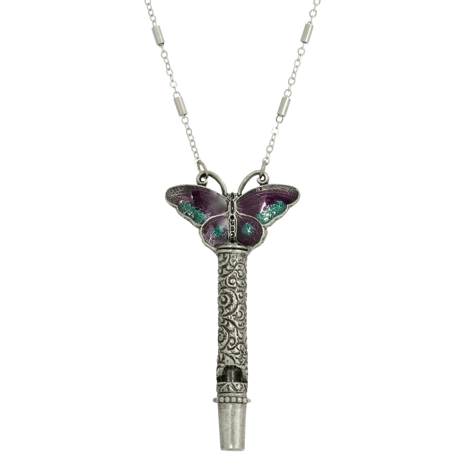 Premium 1928 Jewelry® Pewter Whistle Necklace with Vibrant Enamel Butterfly Design