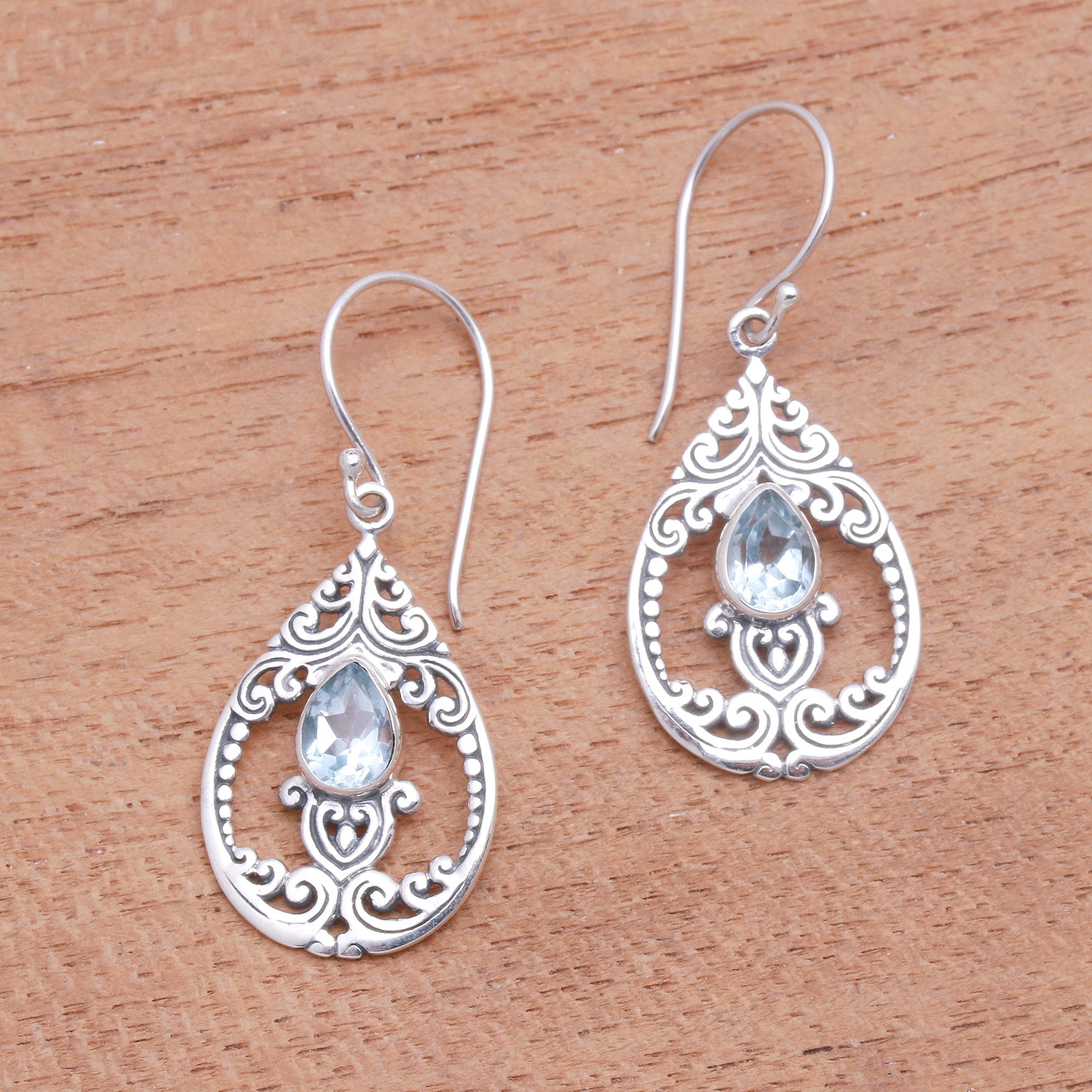 Premium Glittering Pear Blue Topaz Dangle Earrings – Handcrafted in Bali