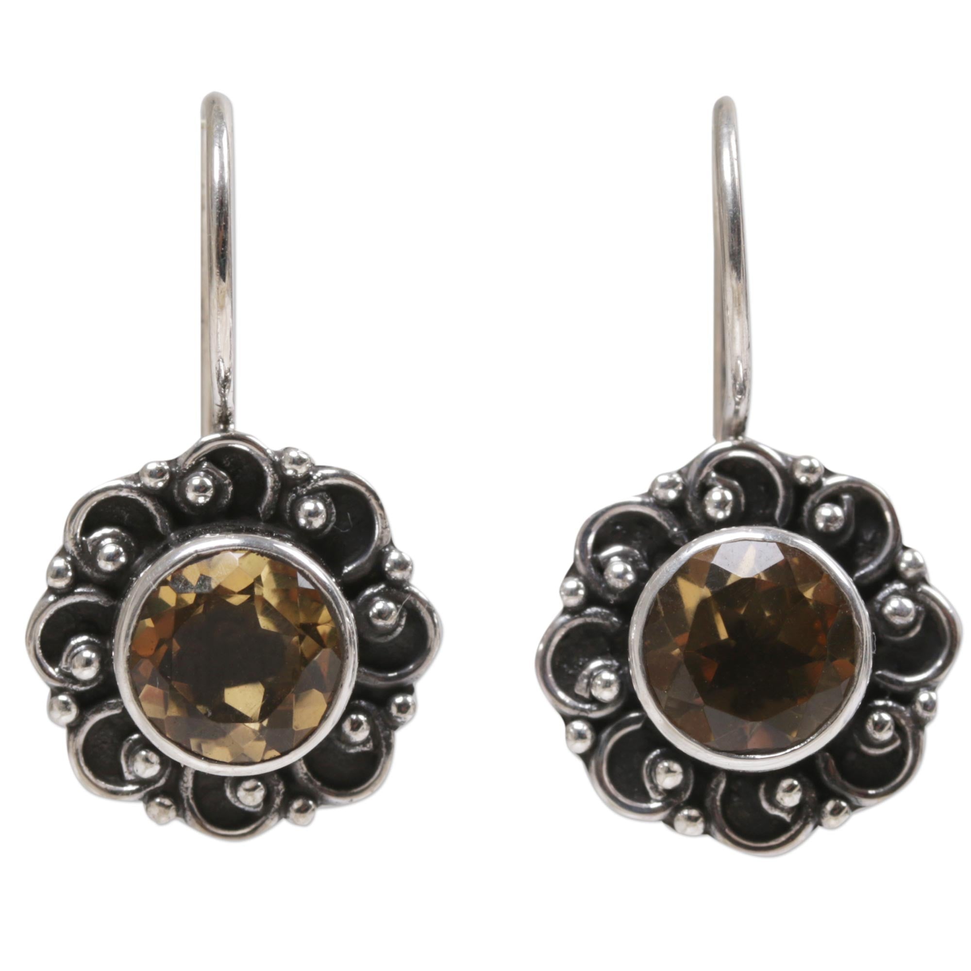 Premium Singaraja Sunflower Sterling Silver & Citrine Drop Earrings