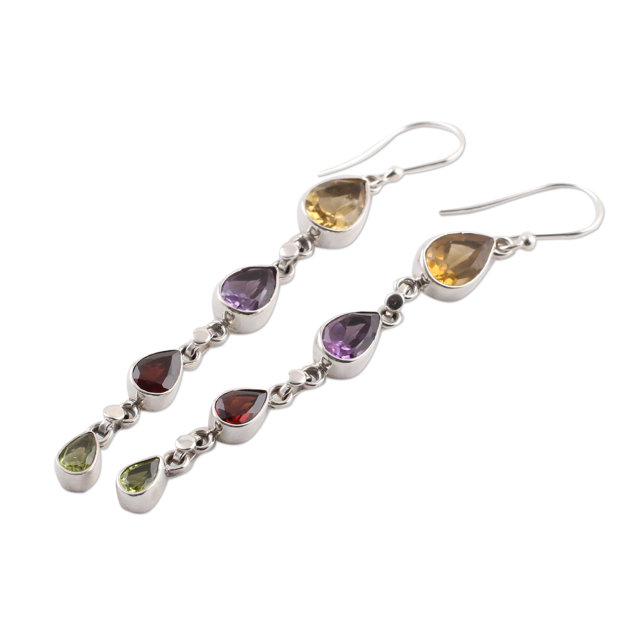 Premium Multi-Gemstone Dangle Earrings - Citrine, Amethyst, Garnet & Peridot