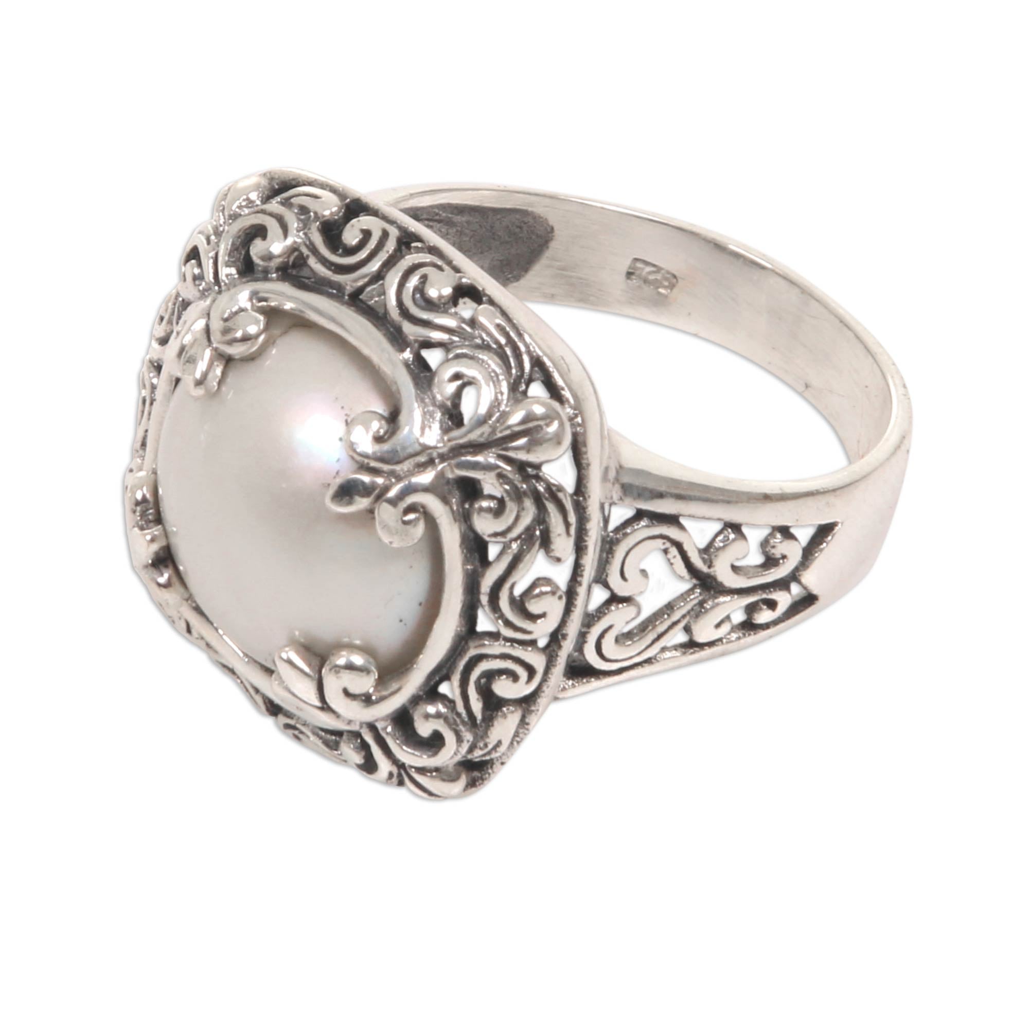 Premium White Lunar Square Crown Cocktail Ring with Mabe Pearl