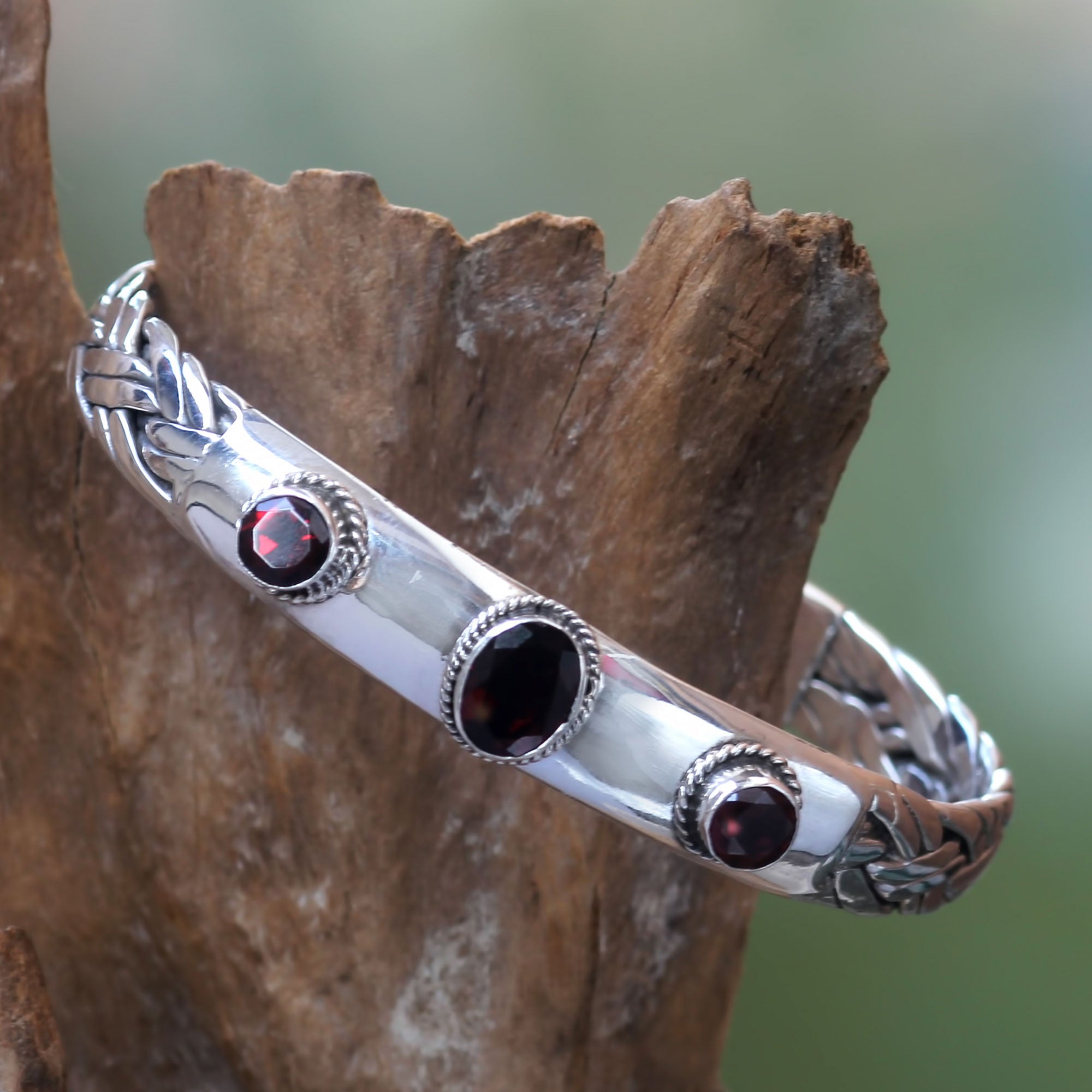 Premium Sterling Silver Braided Cuff Bracelet with Trio Garnet Gemstones