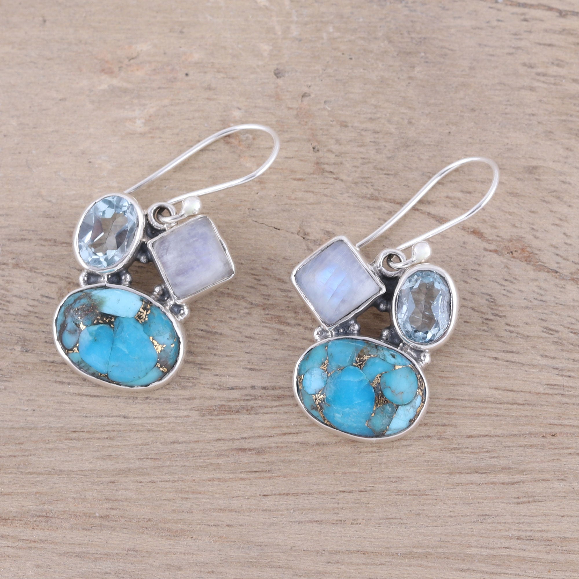 Premium Crystalline Waters Dangle Earrings: Blue Topaz & Rainbow Moonstone