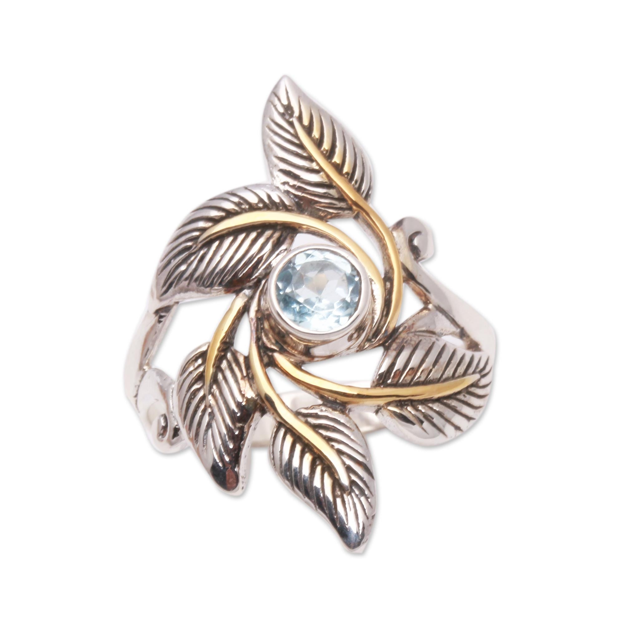 Premium Balinese Blue Topaz Cocktail Ring with Gold-Accented Leaves