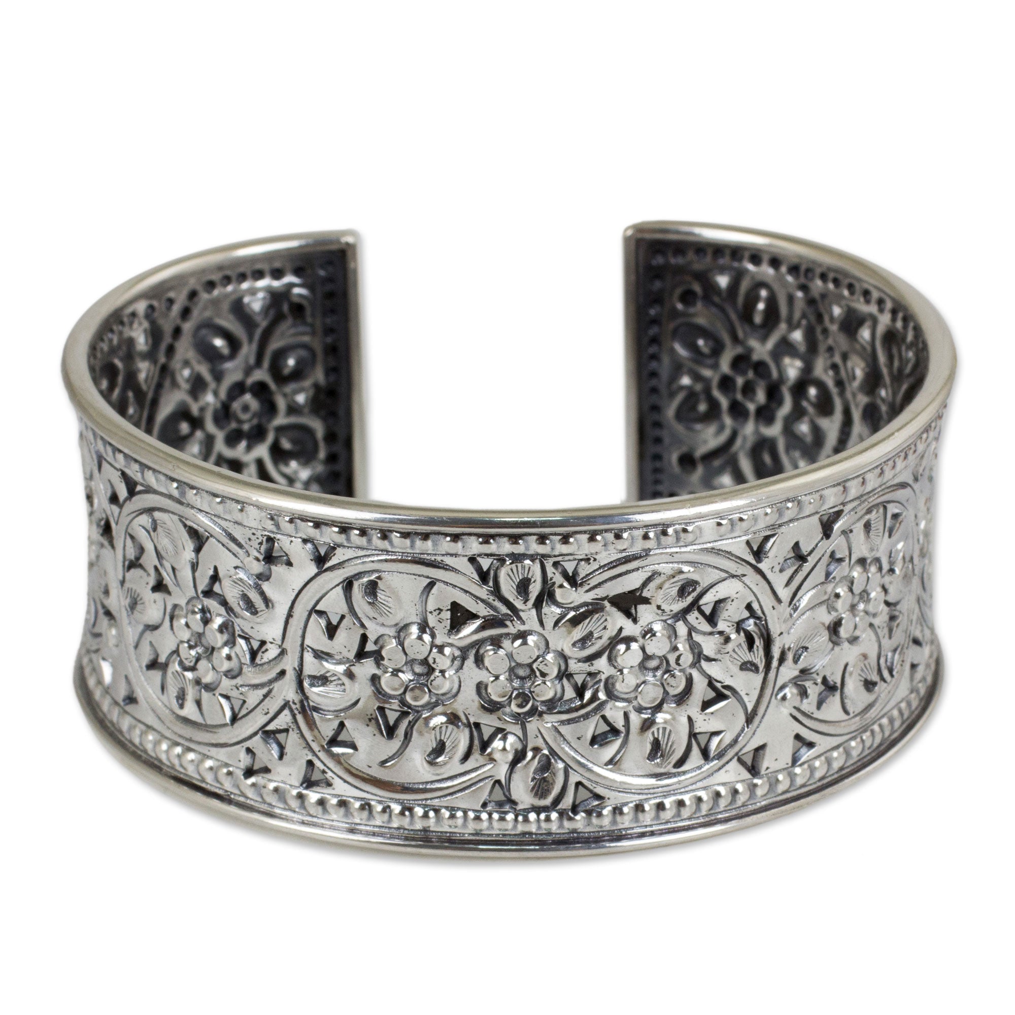 Premium Floral Motif Handmade Sterling Silver Cuff Bracelet