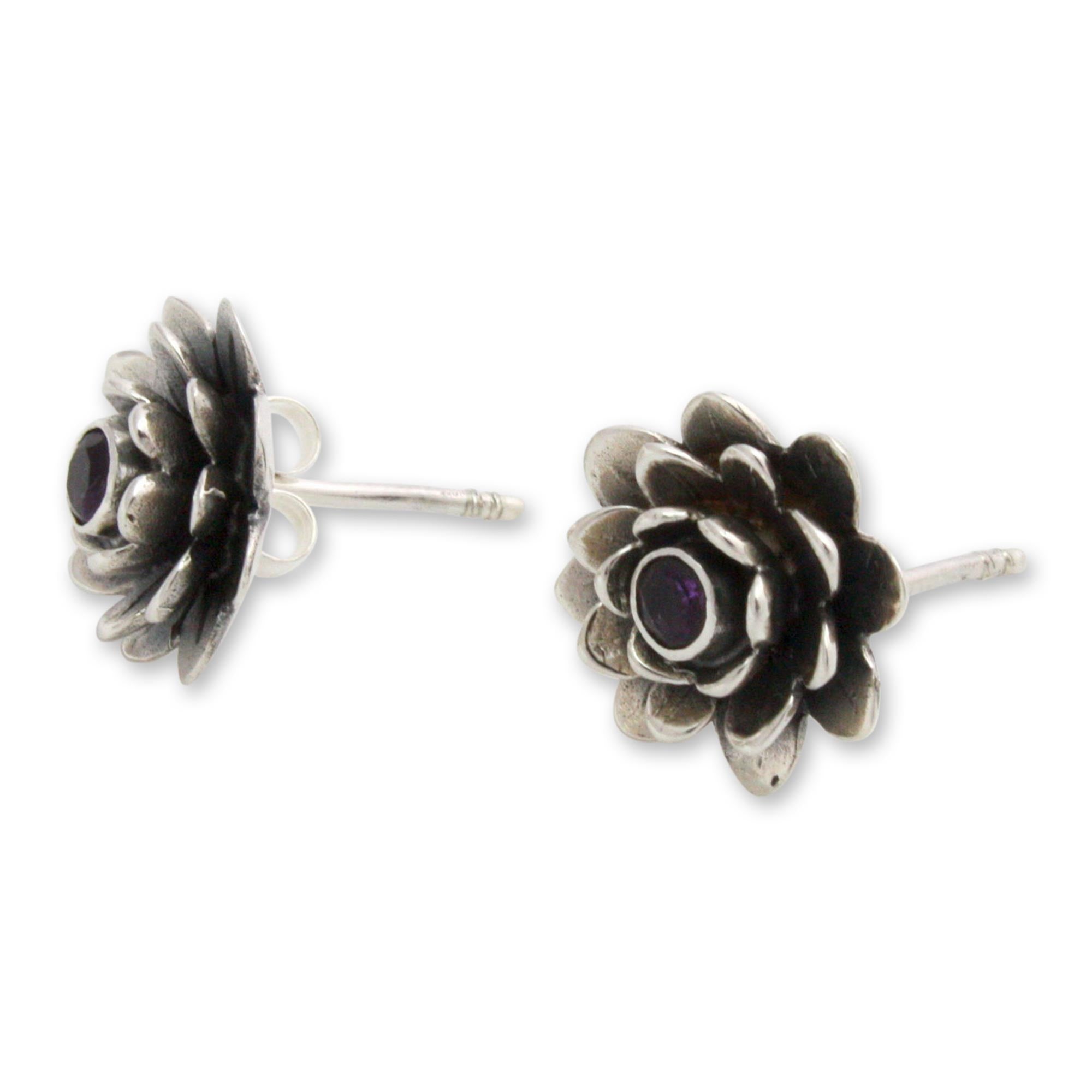 Premium Lilac Lotus Amethyst Earrings – Handcrafted Sterling Silver