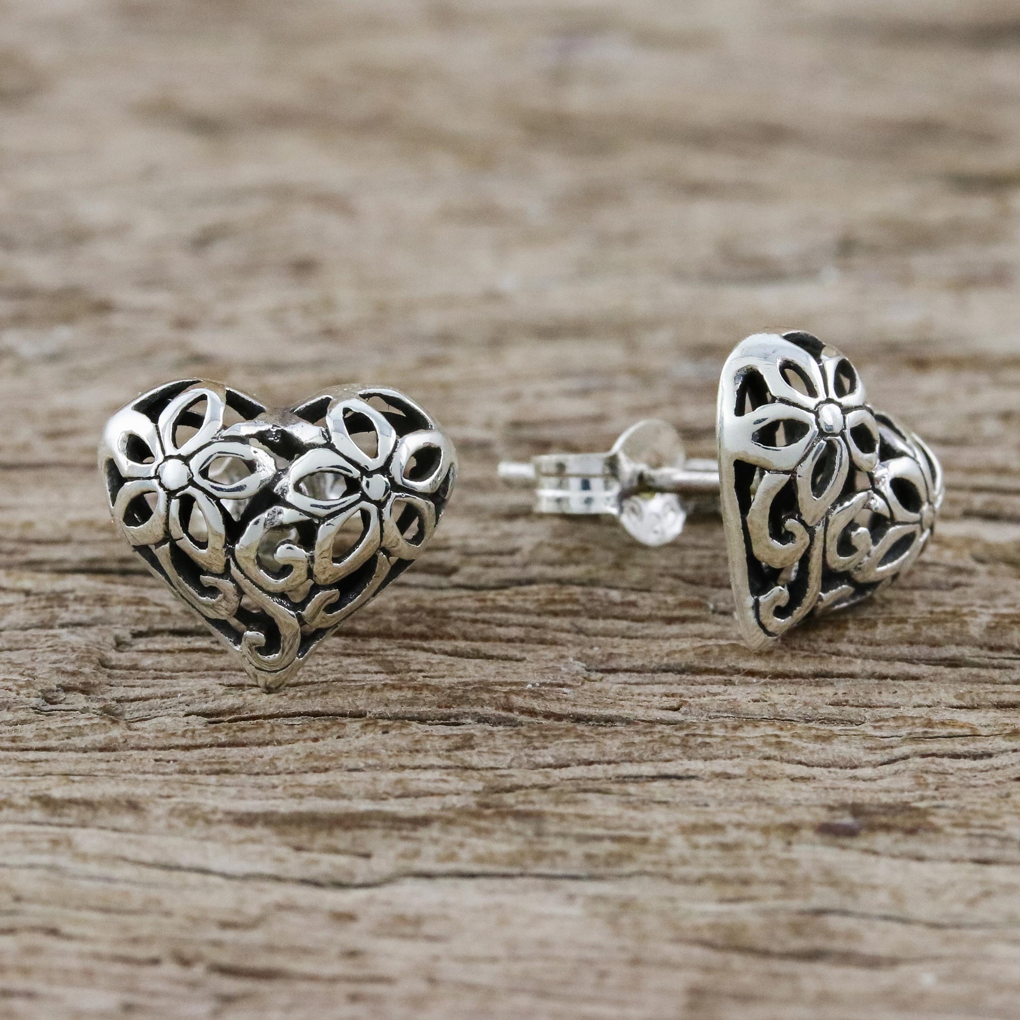 Premium Petaled Hearts: Elegant Floral Sterling Silver Earrings from Thailand