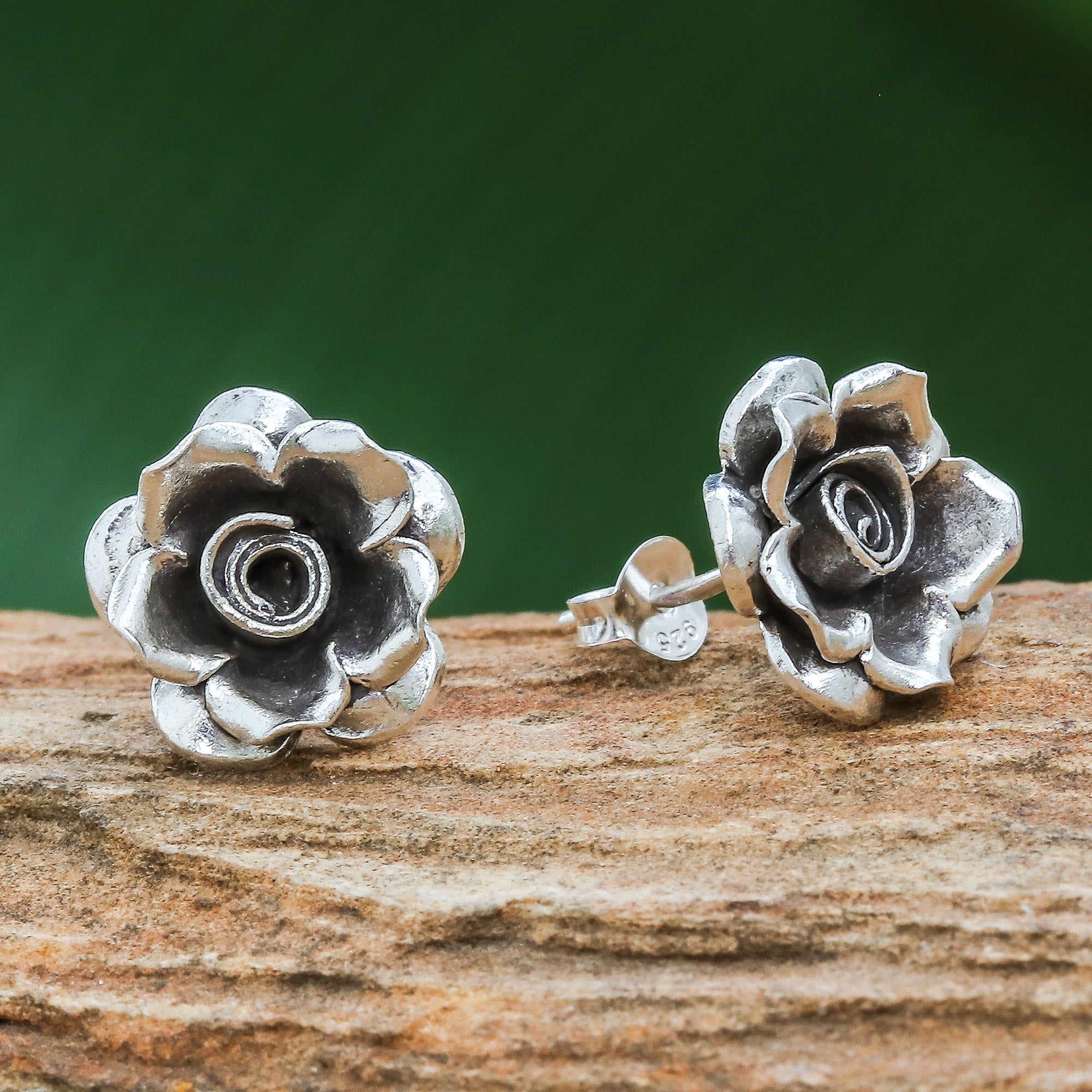 Premium Karen Hill Tribe Silver Rose Button Earrings