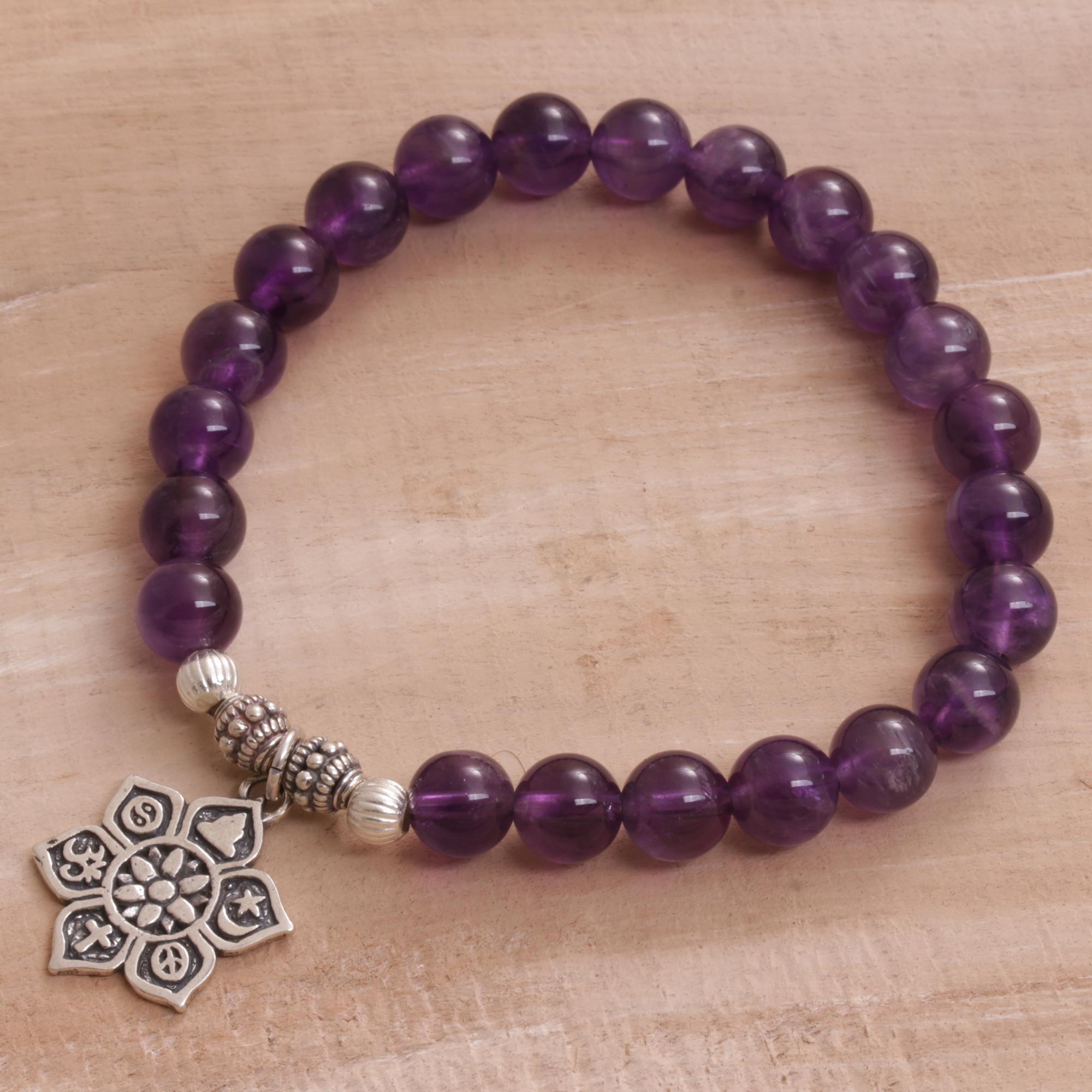 Premium Unity Flower Amethyst Bracelet - Handcrafted Spiritual Jewelry from Bali