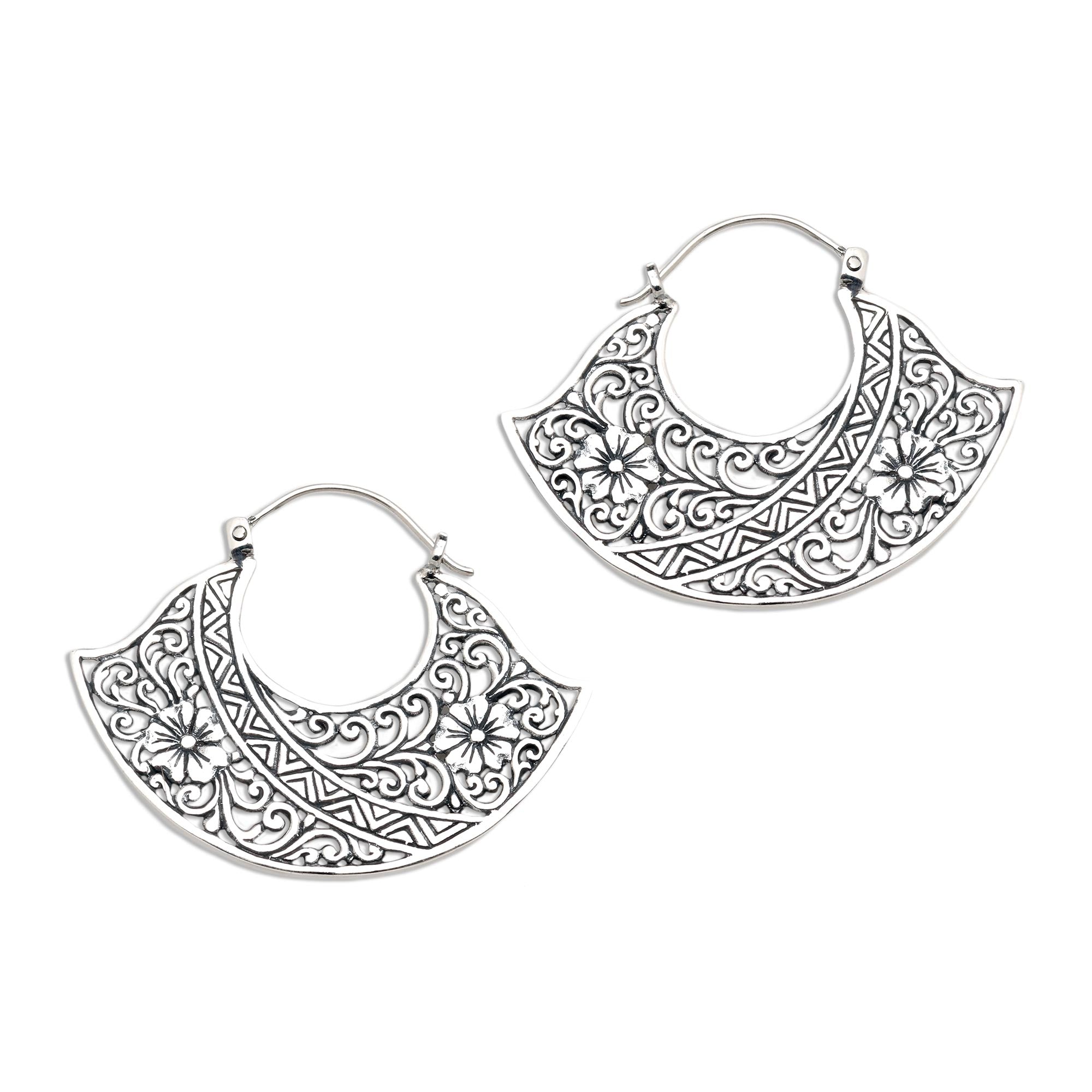 Premium Sterling Silver Floral Hoop Earrings from Bali - Elegant Cape of Flowers Design